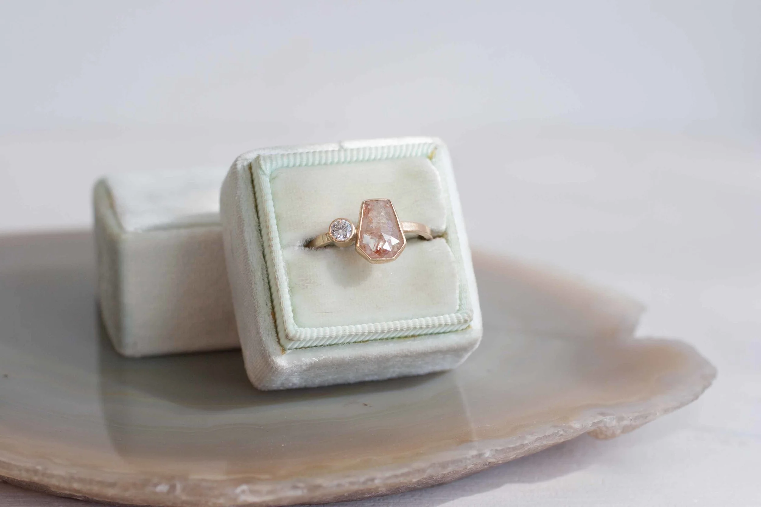 Elongated Geometric Peach Rustic Rose Cut Diamond + Diamond Accent Engagement Ring-4.jpg
