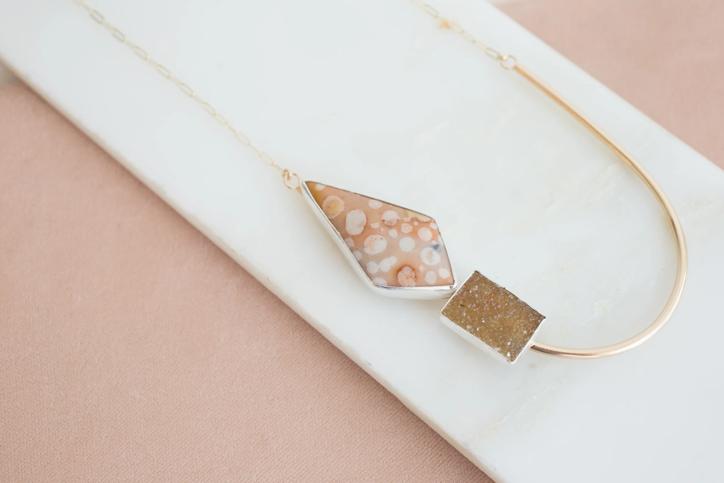 Ocean Kite Jasper + Rectangle Druzy Asymmetrical Arc Necklace-4.jpg