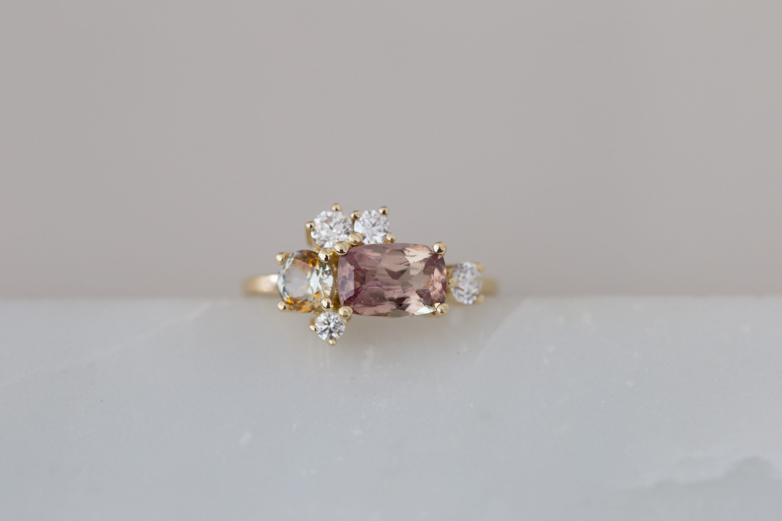 Champagne Sapphire Bicolor Sapphire Diamond Cluster Engagement Ring 14k Yellow Gold One Of A Kind Mineralogy