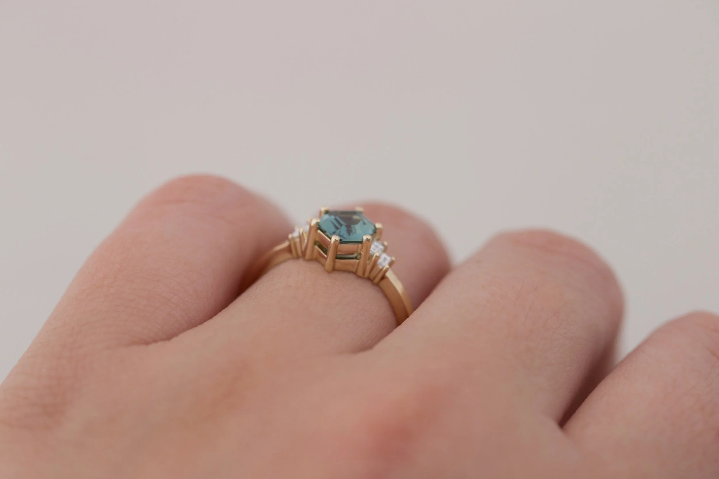 Ash Ring Teal Hexagonal Sapphire + Diamond Baguette Engagement Ring 1