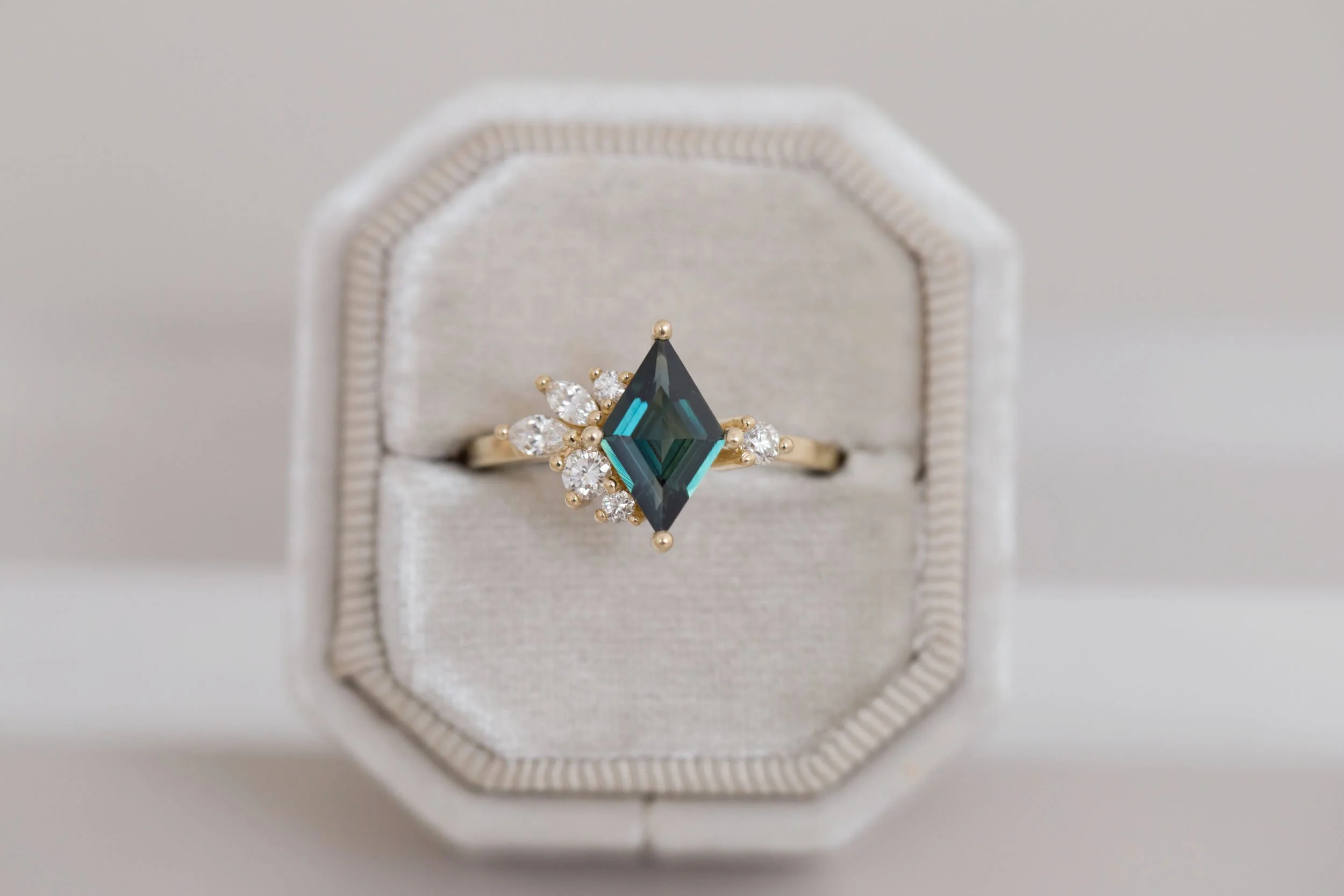 Alden Ring Teal Sapphire Kite + Diamond Cluster Engagement Ring 1.14