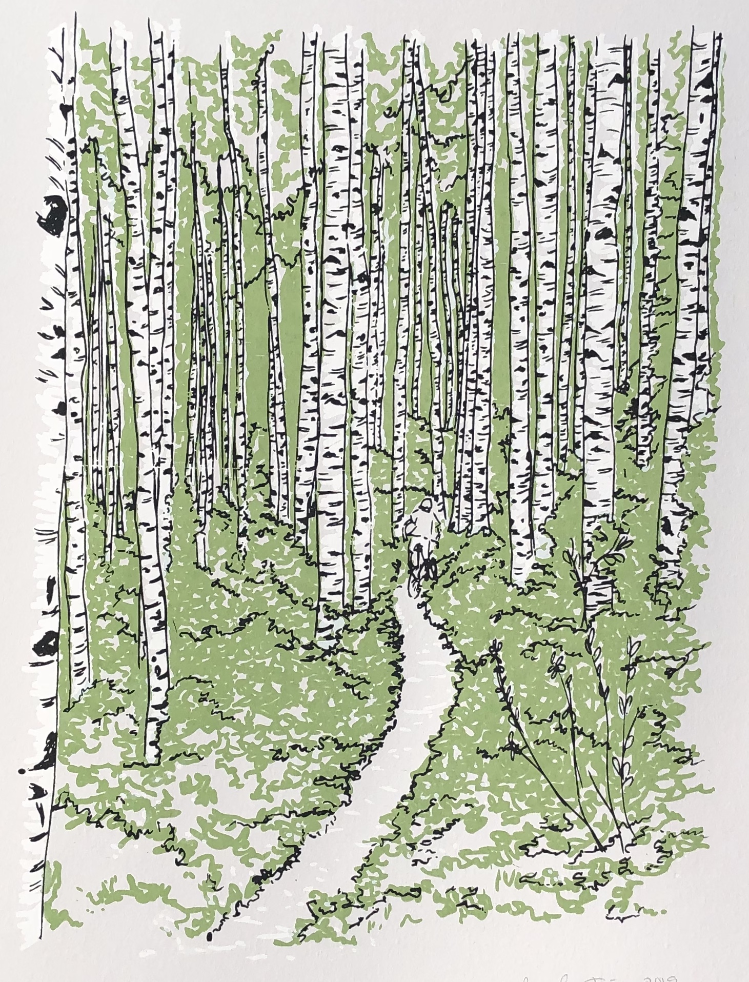  2019  This cycling piece was created for the 2019 Pinchflat event held in Columbus. It is a hand pulled 3 color serigraphy print and printed on French Paper Co. Pop-Tone Old Green printmaking paper.   Edition size of 50 