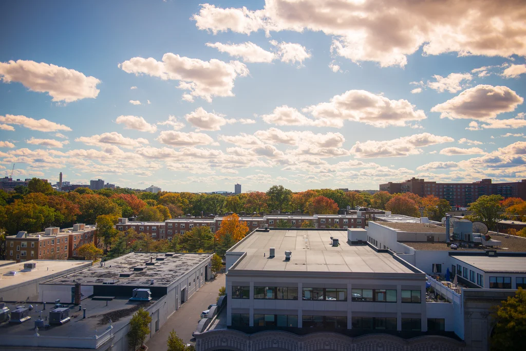 The view from the sixth floor of a building located on Boston University's west campus
