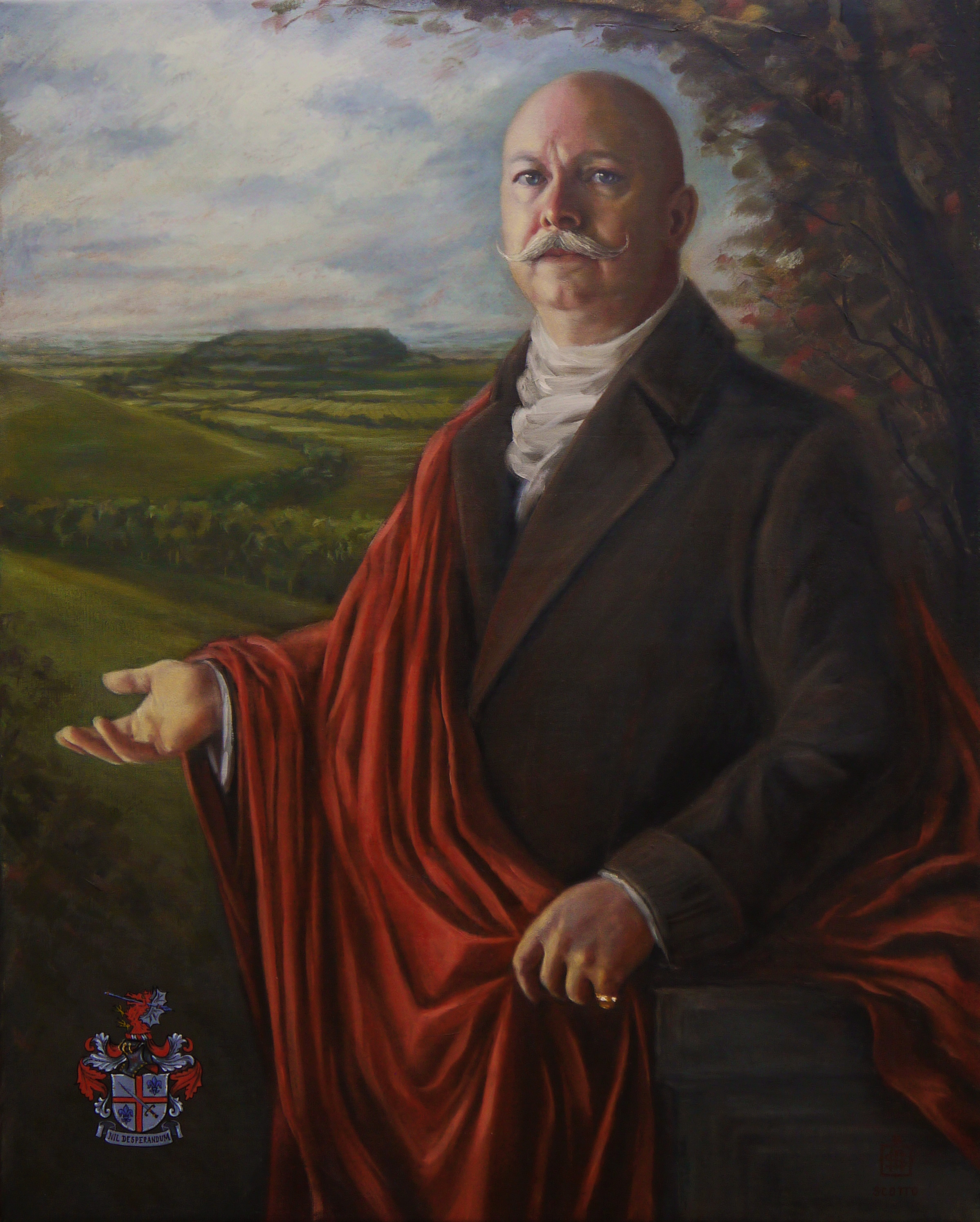 Completed painting. The Baron extends his right hand in a welcoming gesture. The background shows a view of South Cadbury. The mound which breaks the horizon line is where Cadbury Castle once was, a site rich of archaeological interest as it is believed to be the seat of Camelot, where the legendary King Arthur had his court. 