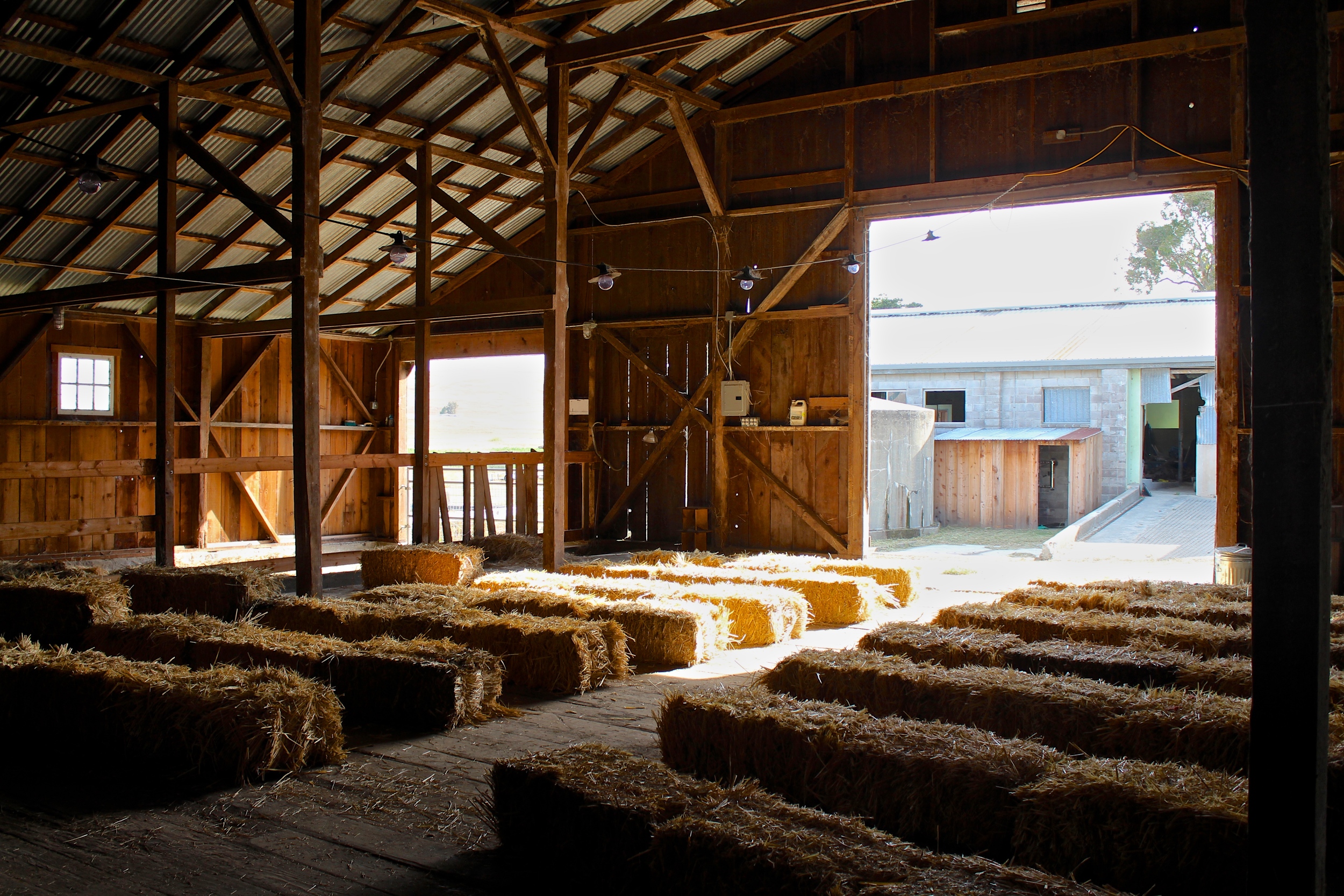 The hay barn set up for a talk.