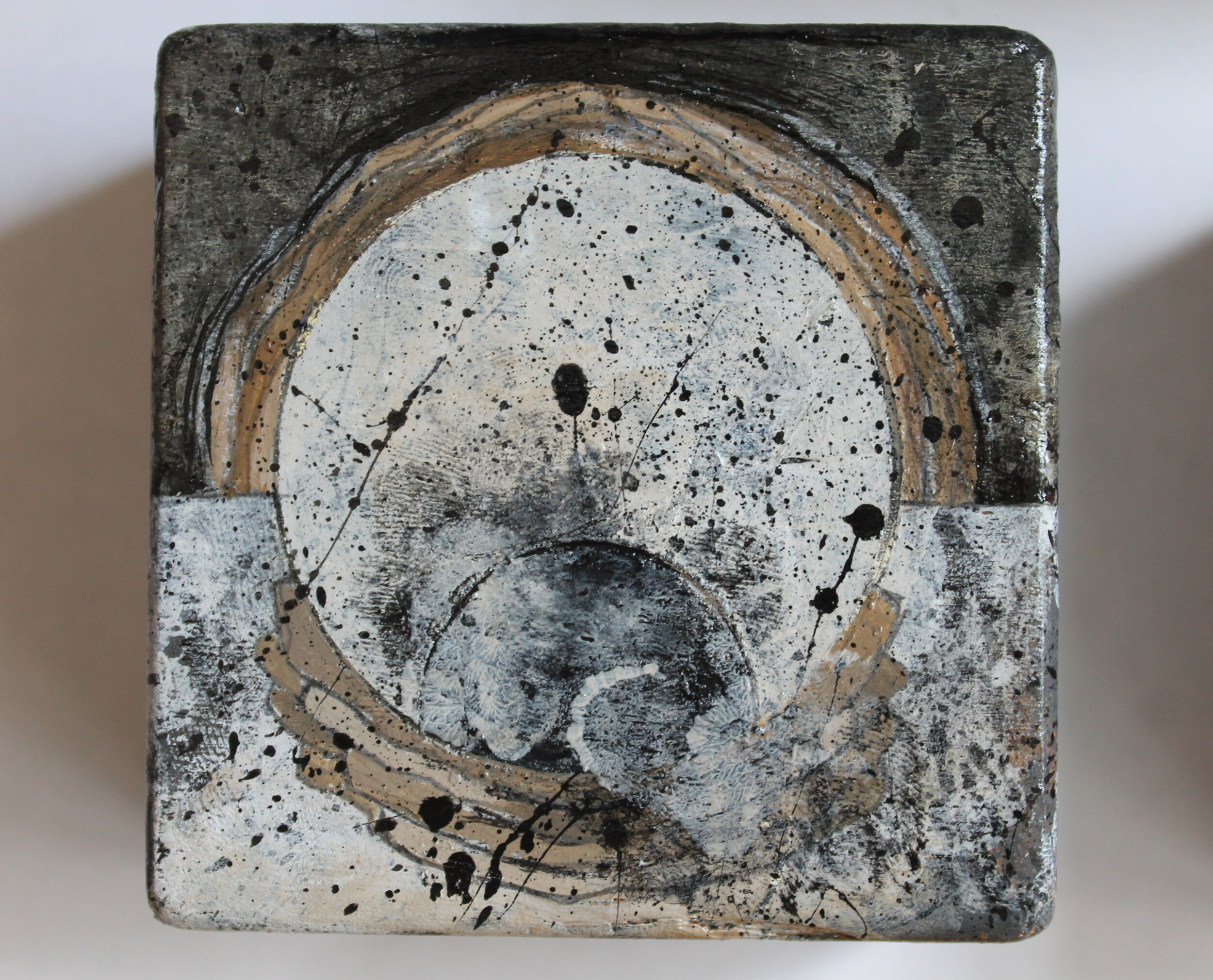  3 x 3 Inches  Woodblock  Acrylic, Ink, Graphite, Spray Paint  Summer, 2020 