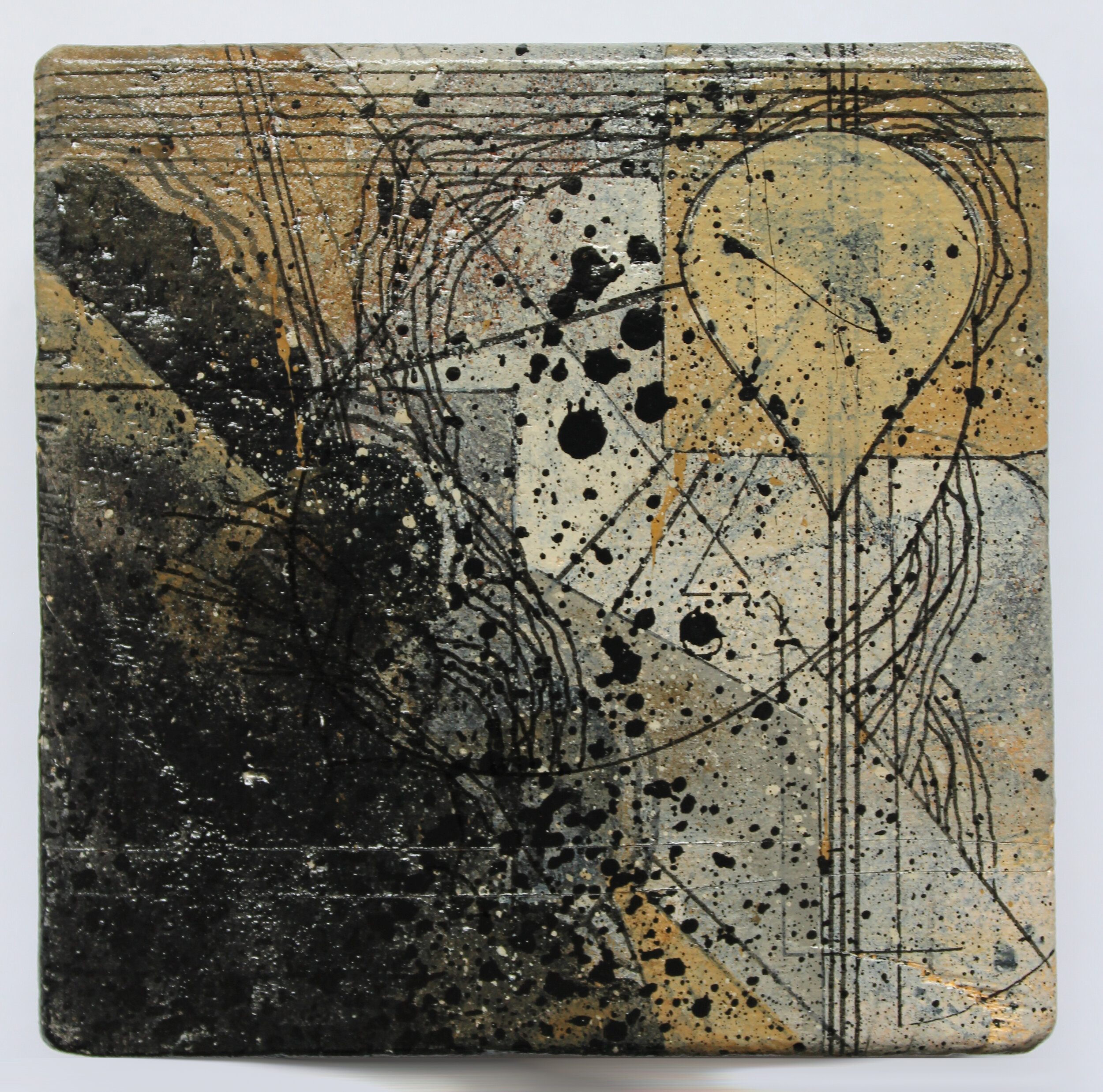 3 x 3 inches  Woodblock  Acrylic, Ink, Metal Leaf, Pencil, Micron  Summer, 2020  (Sold) 