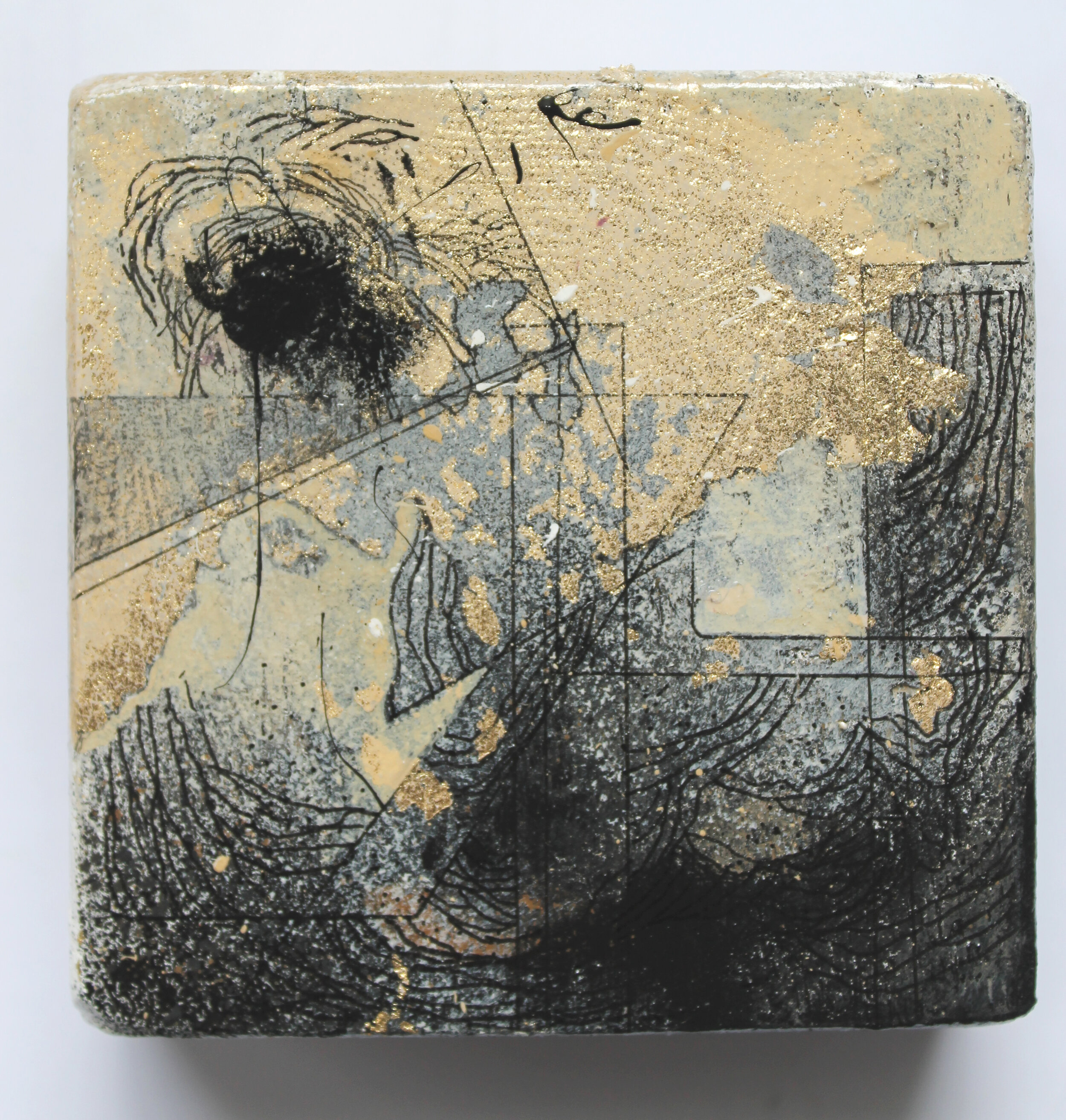  3 x 3 inches  Woodblock  Acrylic, Ink, Micron , Metal Leaf, Spray paint  Summer, 2020 
