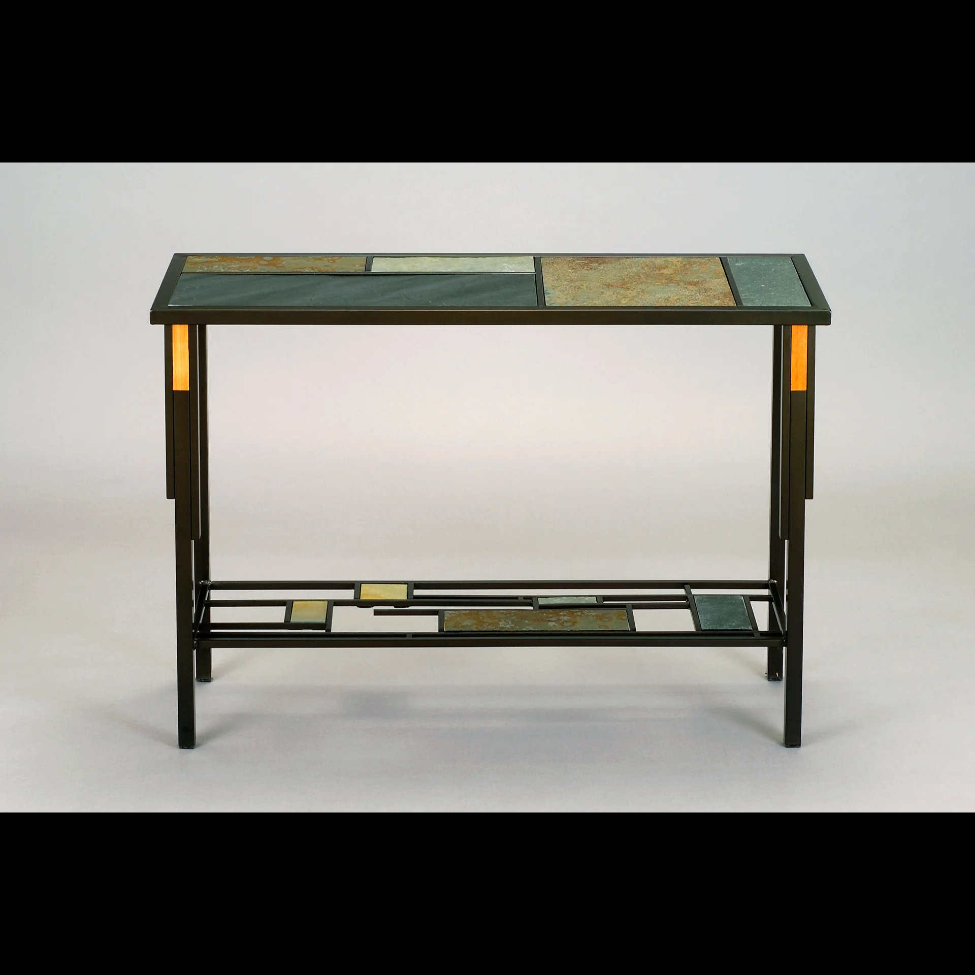 "Glacial Till" Console Slate and steel with madrone inlay.