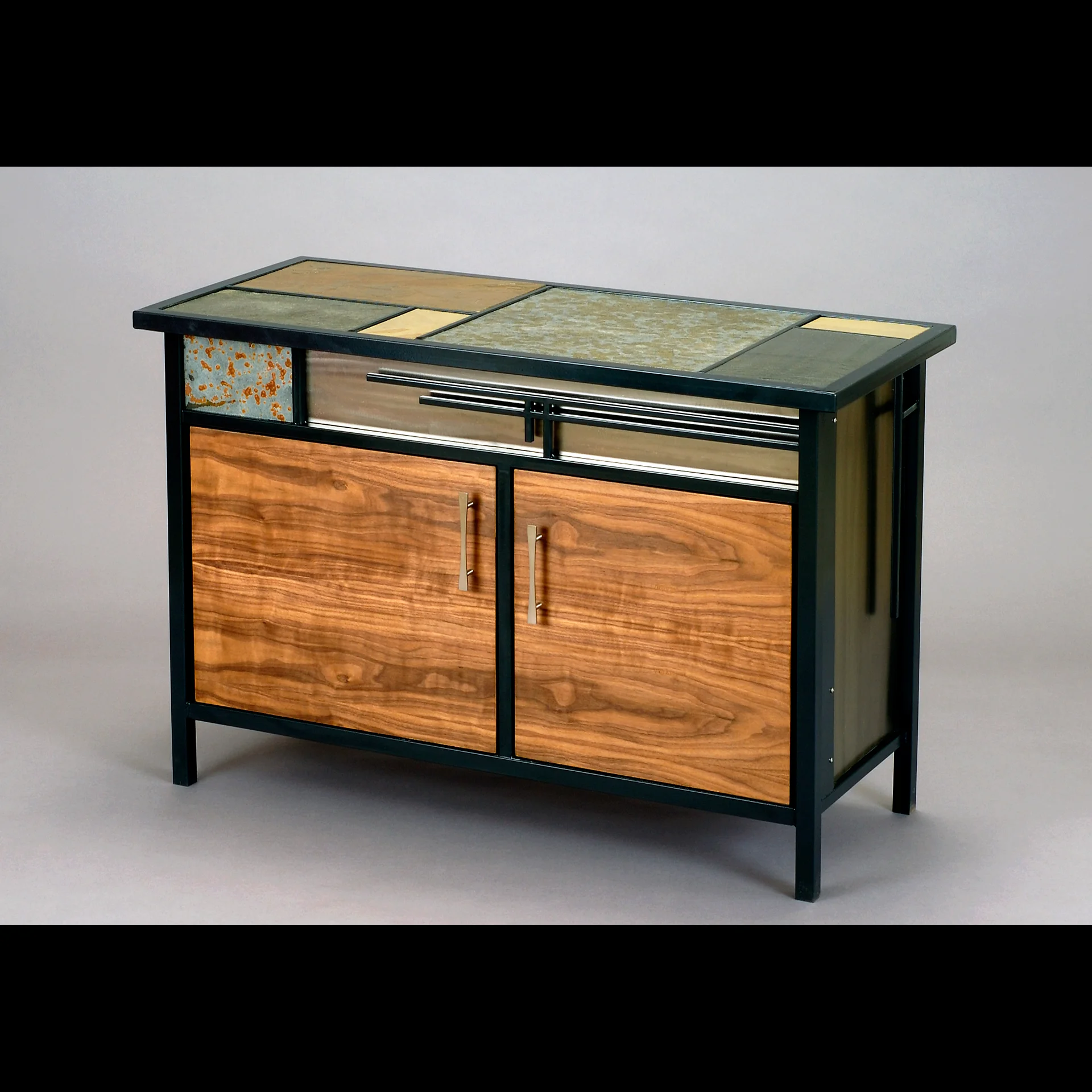 "Forged Elements" Cabinet Steel, Stainless, Walnut and Slate.