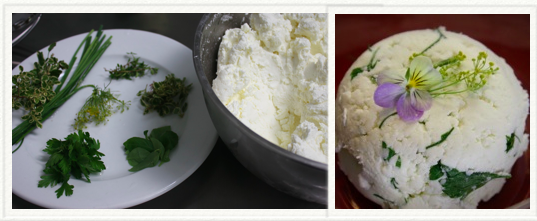 Garden Herbs and Garlic Chevre- We use whatever our herb garden provides, but our favorite combination is usually chives, flat leaf italian parsley and dill. Lovely served with sliced french bread. Also great with smoked salmon on a bagel or bagel crisp.