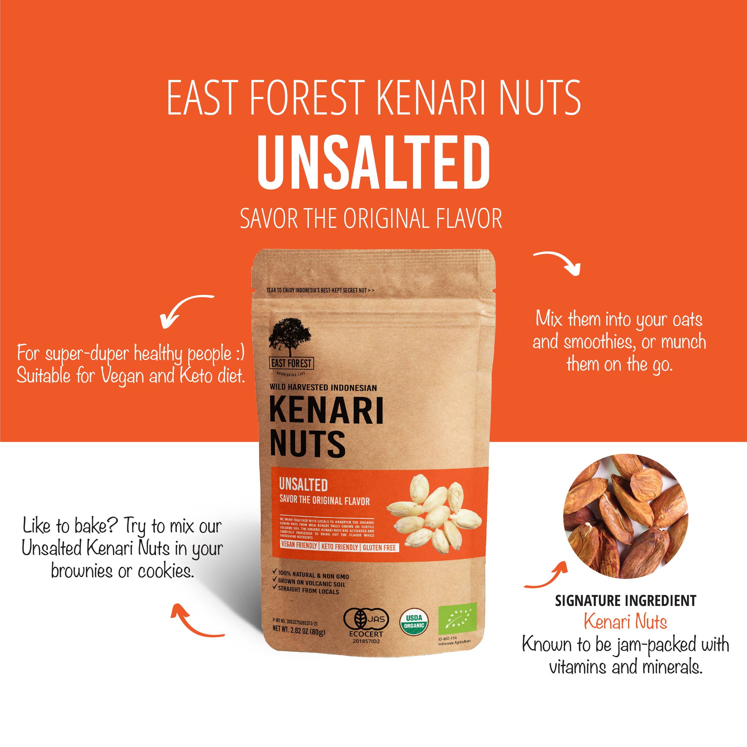 East Forest Unsalted Kenari Nuts with whole Kenari kernels and product packaging