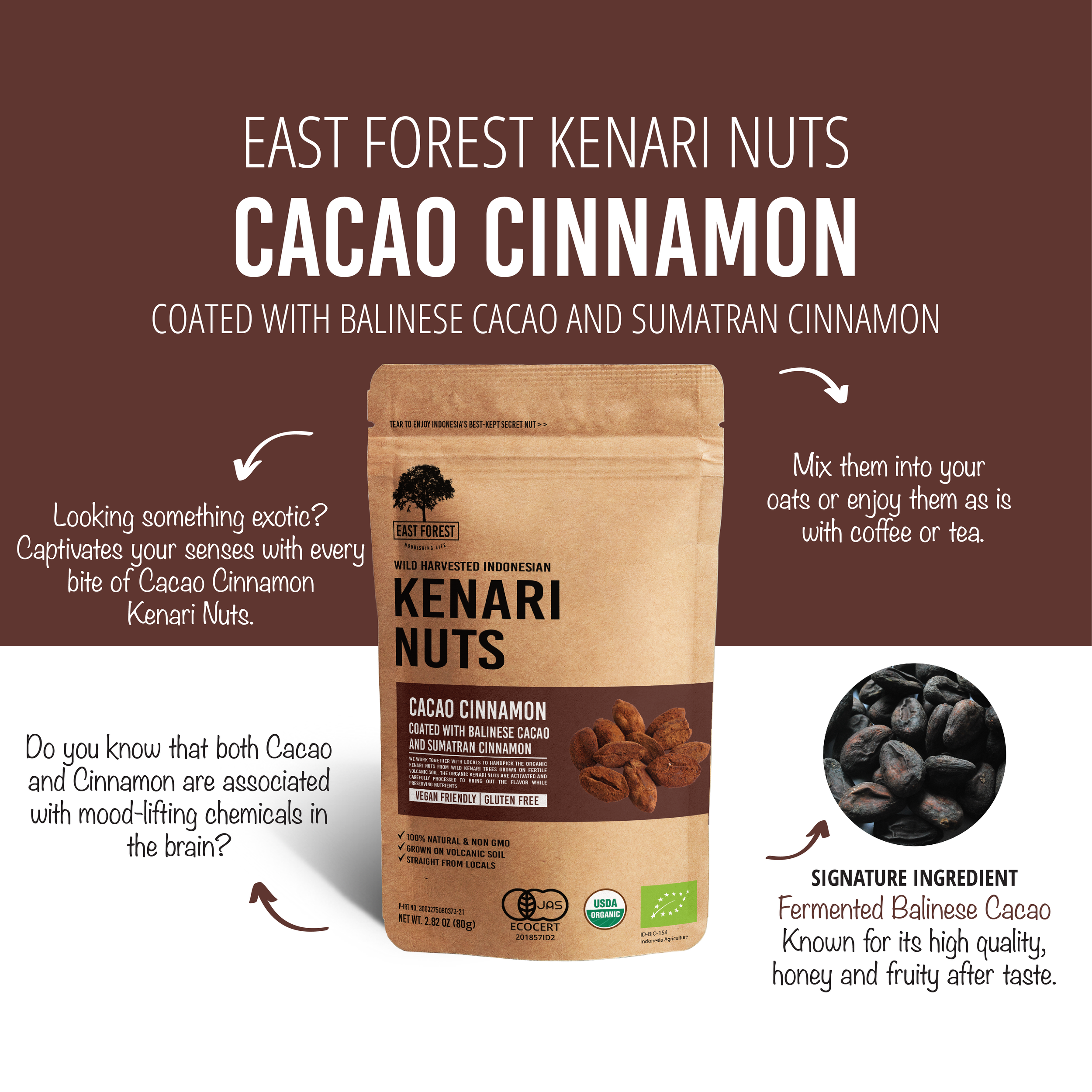 East Forest Cacao Cinnamon Kenari Nuts with fermented Balinese cacao and product packaging