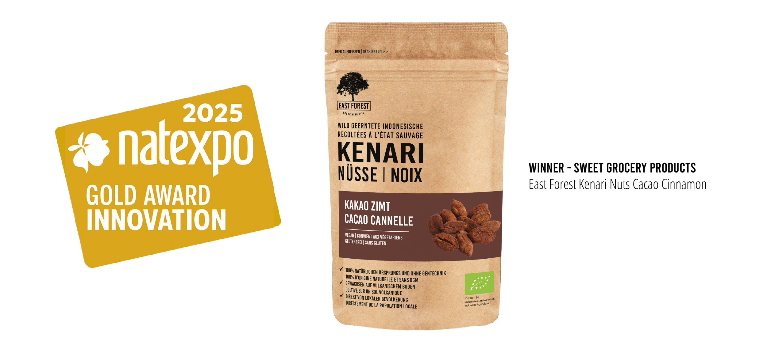 East Forest Kenari Nuts Cacao Cinnamon wins Gold Award for Innovation at Natexpo 2025 in the Sweet Grocery Products category.