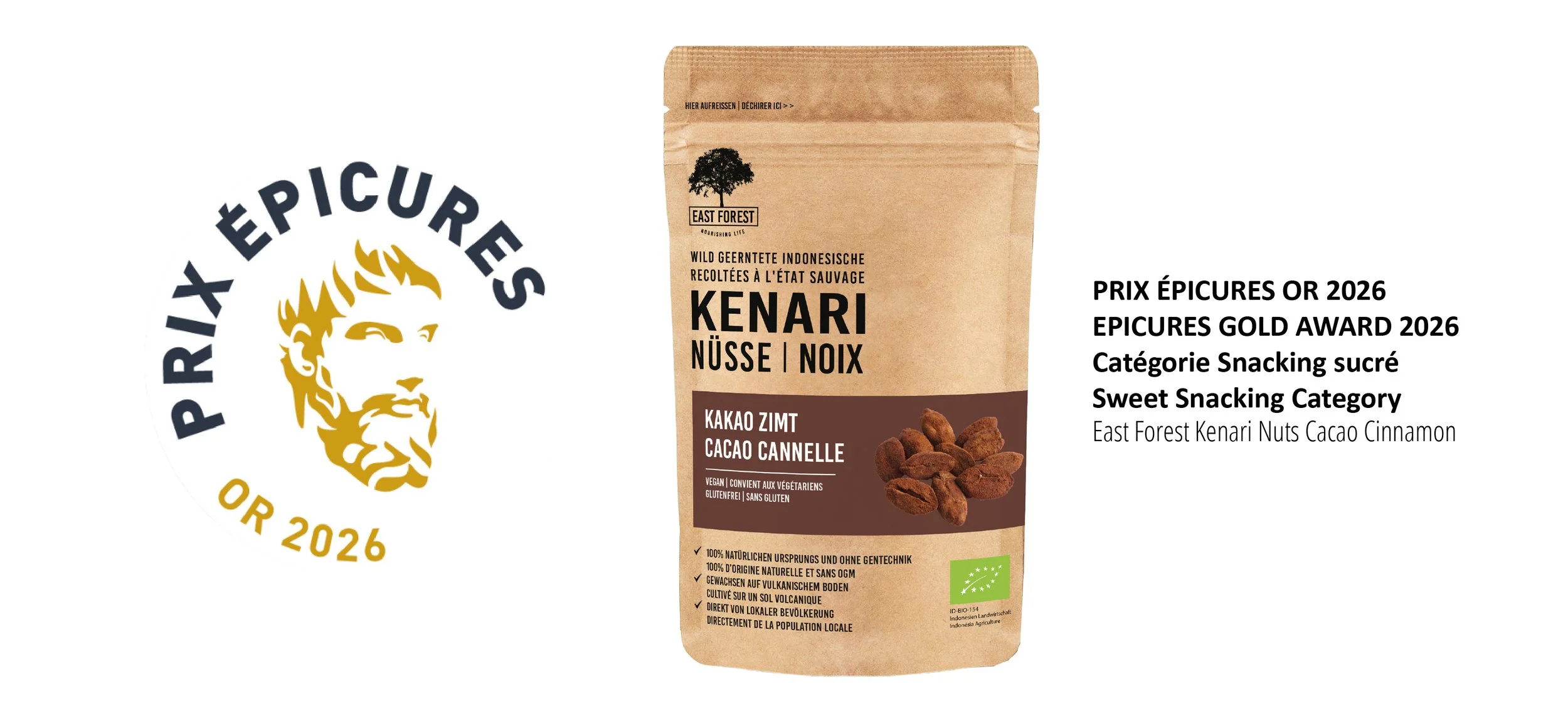 East Forest Kenari Nuts Cacao Cinnamon wins Gold at Prix Épicures 2026 in the Sweet Snacking category
