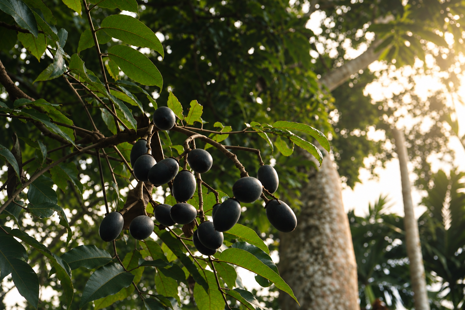 Green Kenari fruits growing on a tree in Eastern Indonesia