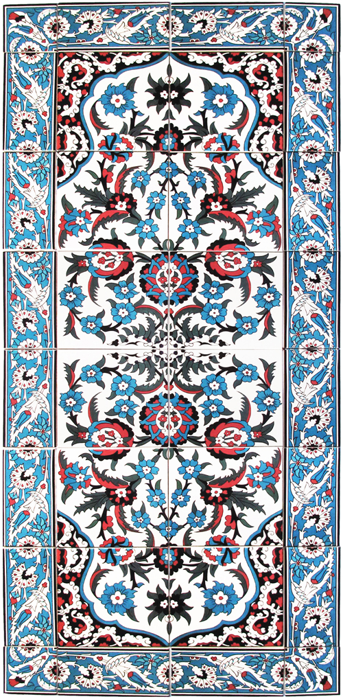 This group of tiles was commissioned specially on 200mm x 200mm tiles. The design was hand painted on paper and then prints were created and applied to the tiles. The result made a fabulous colourful panel.