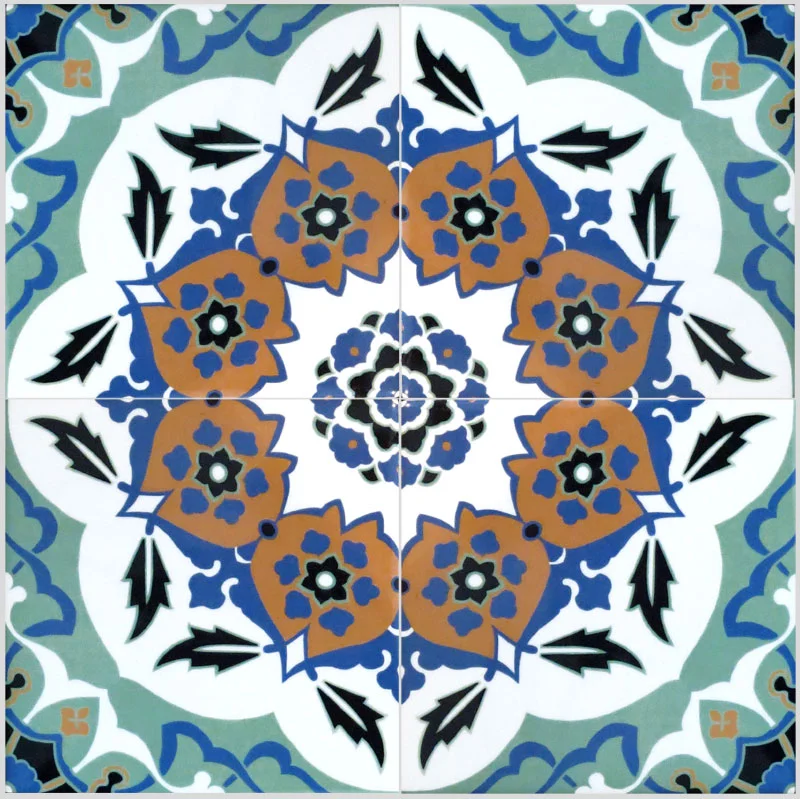 I made these tiles so that four would make up a single design which would then tessellate to create a wonderfully colourful panel of tiles as in the image below.