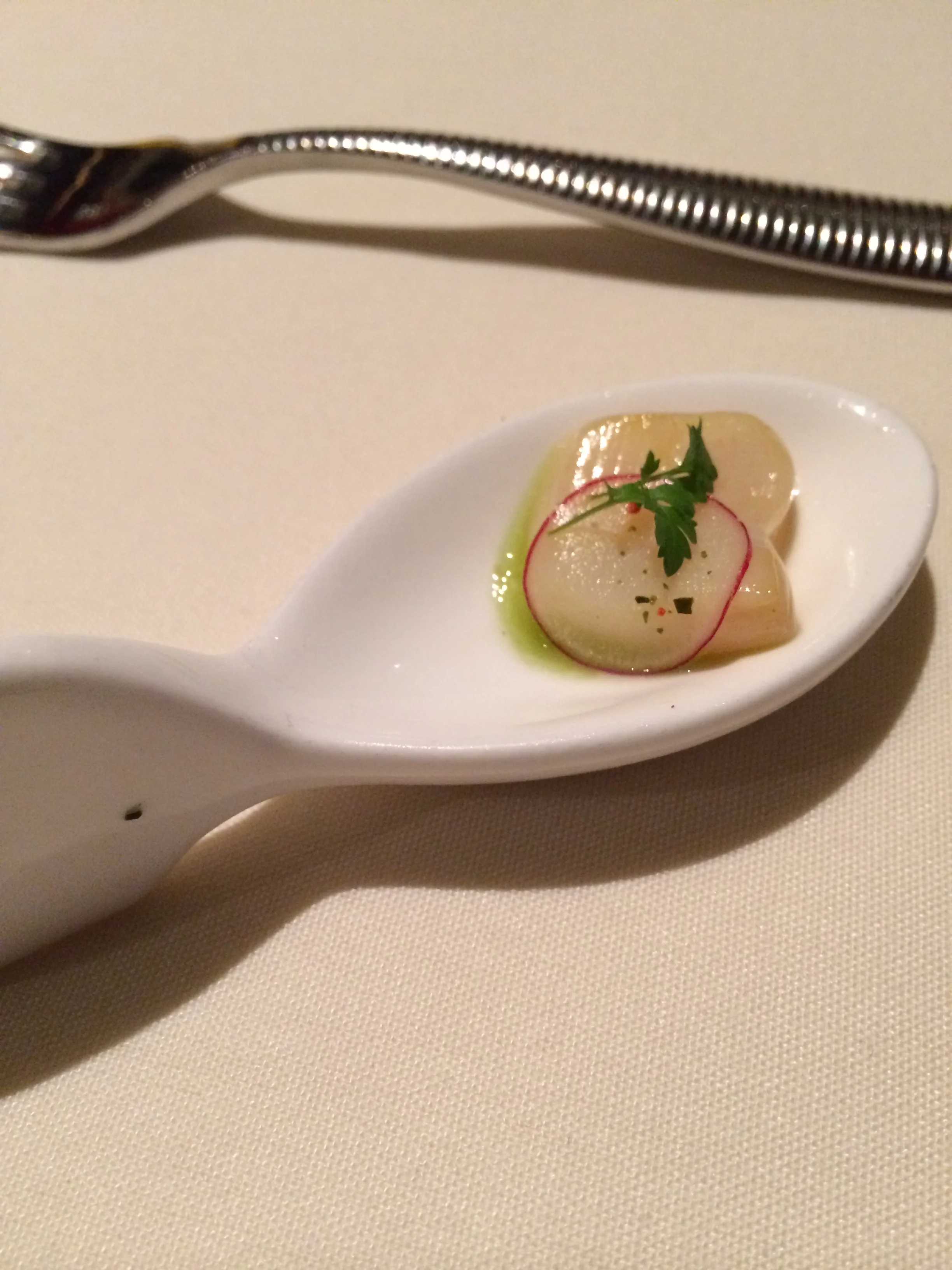 Amuse bouche - a little scallop with a thin slice of radish, green tasty oil, a nice little bite to start things off 