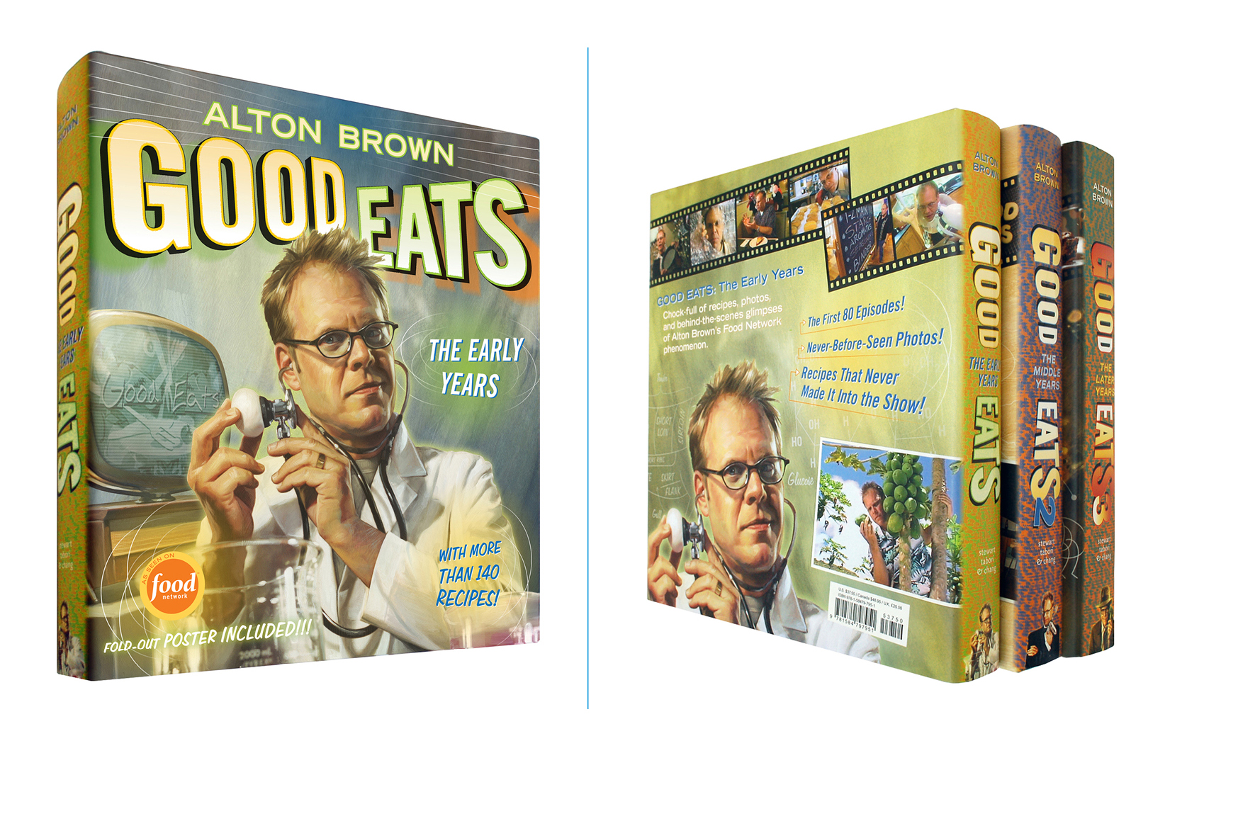   Good Eats, first volume in a three book series -  9 X 10 in., 396 pg., hardcover with poster jacket. Design; Galen Smith, Danielle Young // Illustration; Mike Koelsch, Eric Cole // Publisher; Stewart, Tabori &amp; Chang 