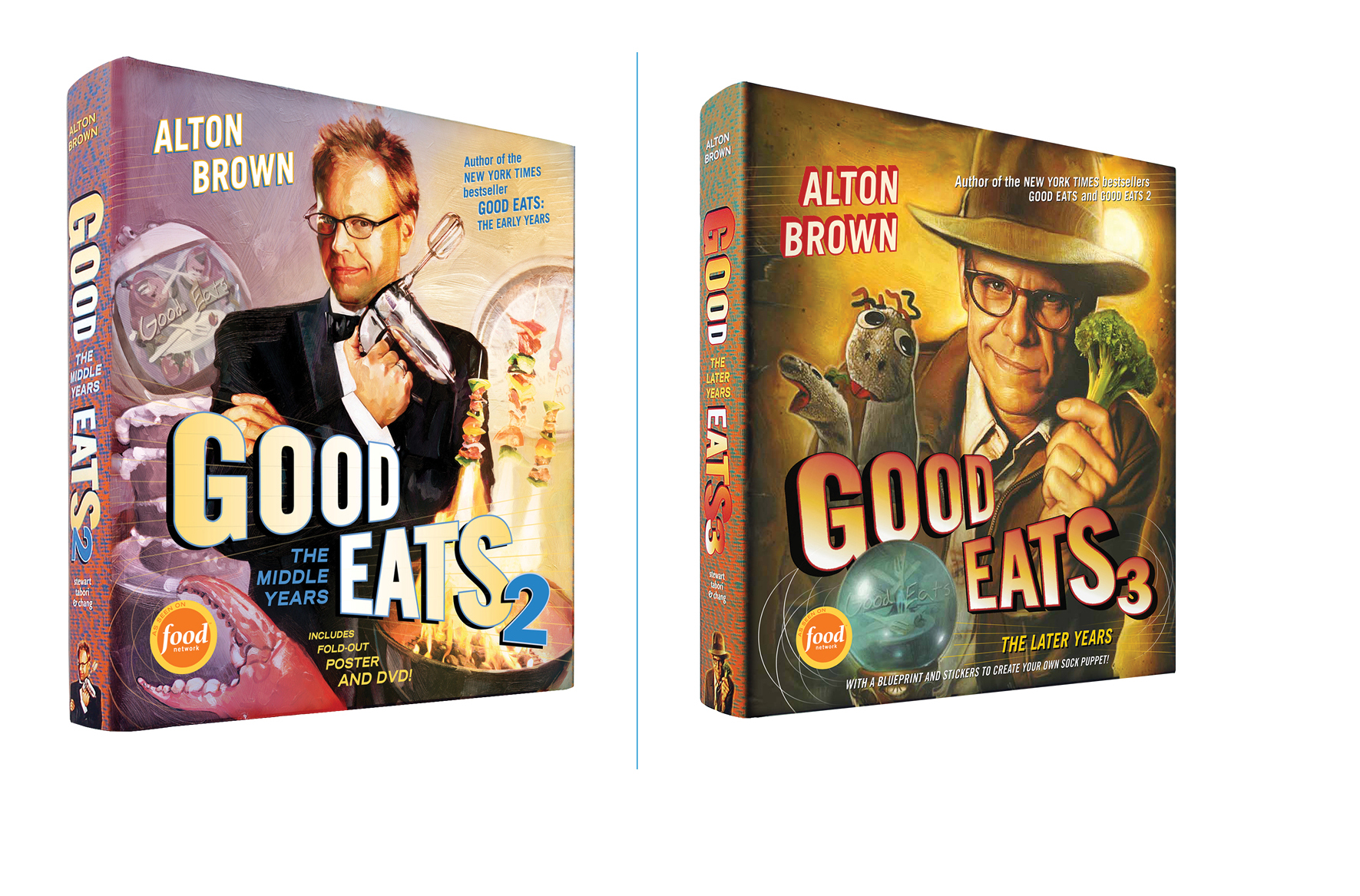   Good Eats 2, Good Eats 3 -  Design; Galen Smith, Danielle Young // Illustration; Jim Salvati, Mike Koelsch, Eric Cole // Publisher; Stewart, Tabori &amp; Chang     