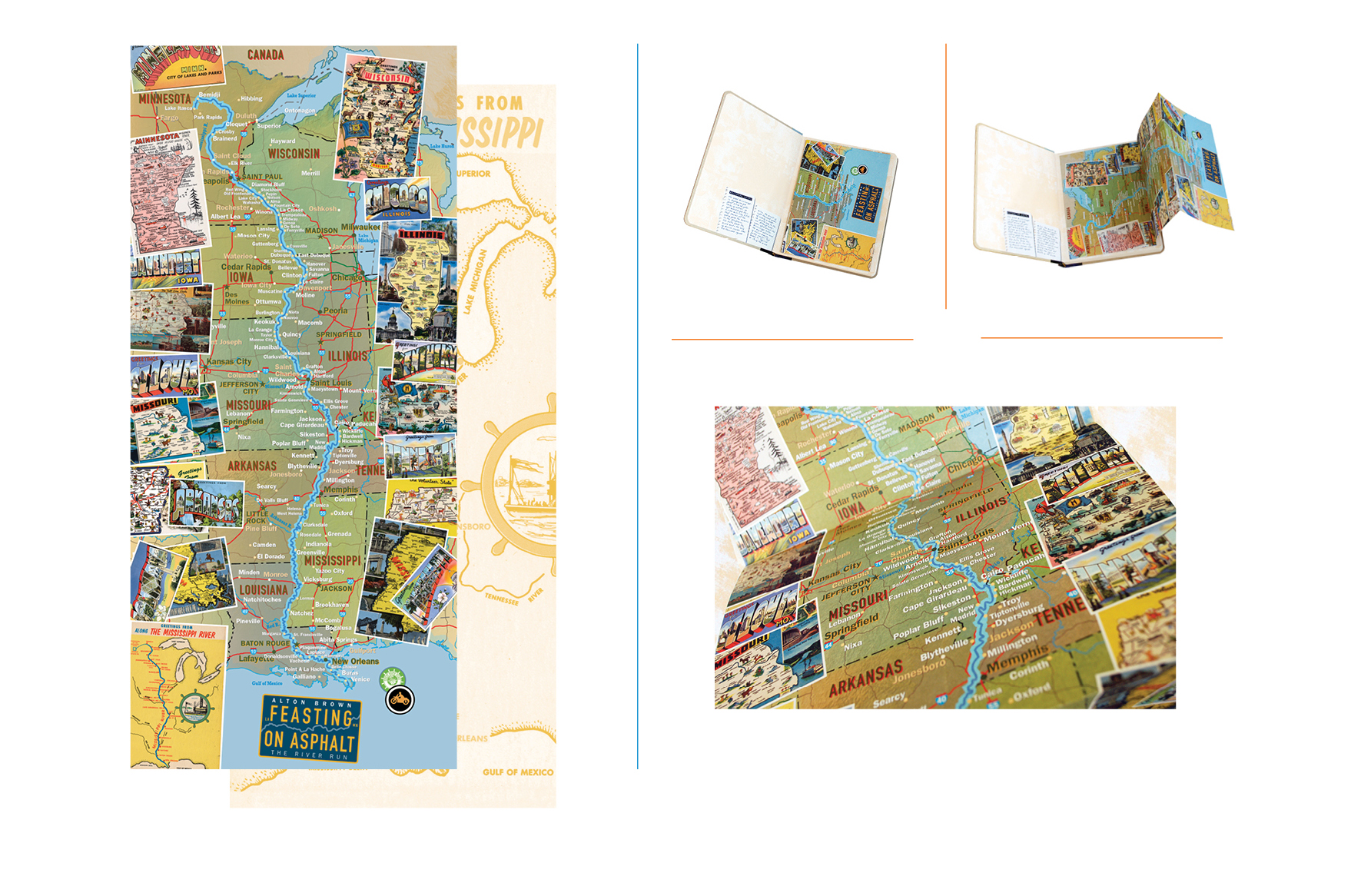   Fold-out map -  Map of the Mississippi river featuring vintage tourist postcards from along the route   