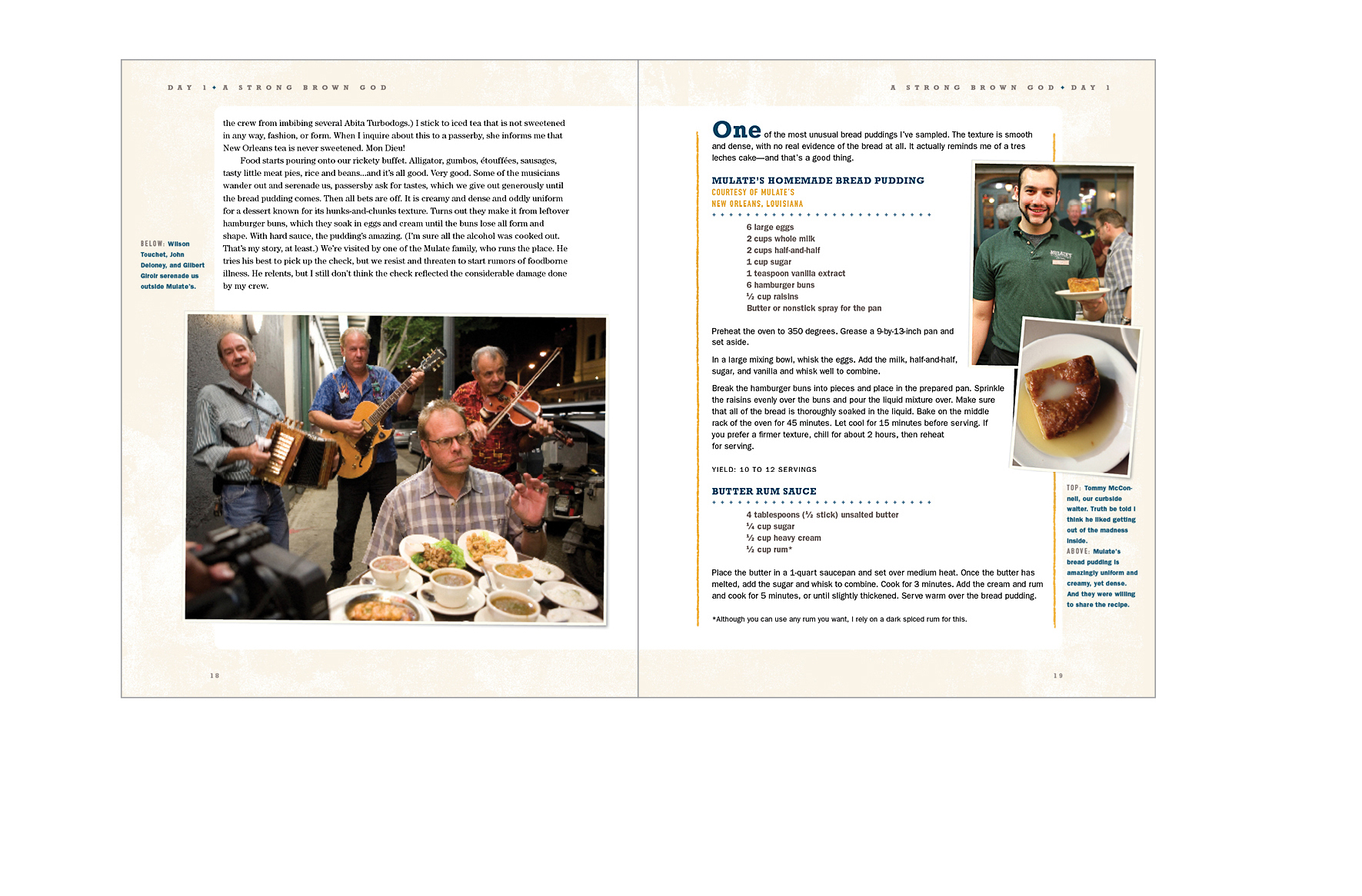   Recipe spread -  Atmosphere photos, pages edged with gravel texture, informal food shots    