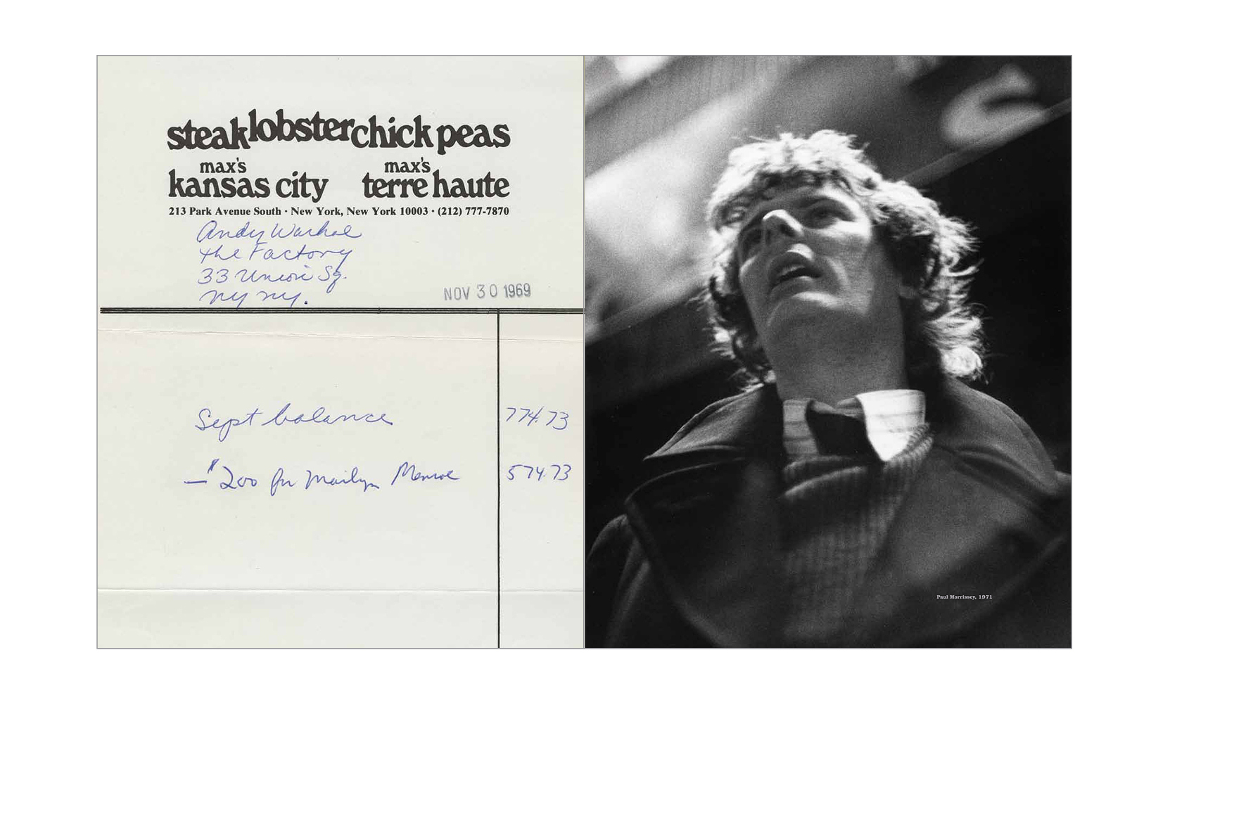   Ephemera spread -  Account statement for Andy Warhol’s Factory, Paul Morrissey    