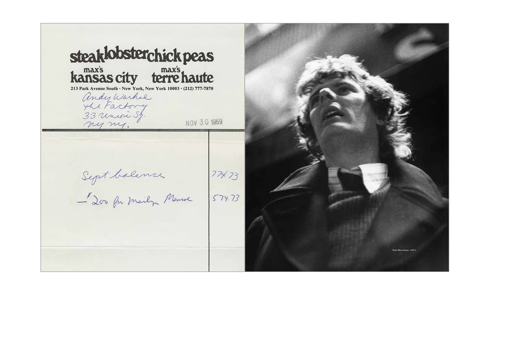 Ephemera spread - Account statement for Andy Warhol’s Factory, Paul Morrissey
