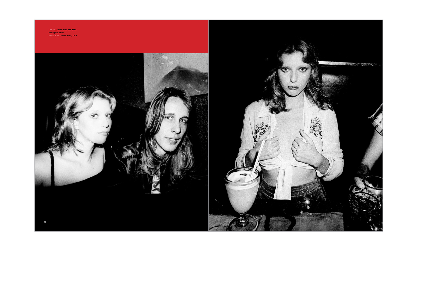   Typical spread -  Red and black panels are used to avoid cropping but allow for full bleed images, Bebe Buell and Todd Rundgren 