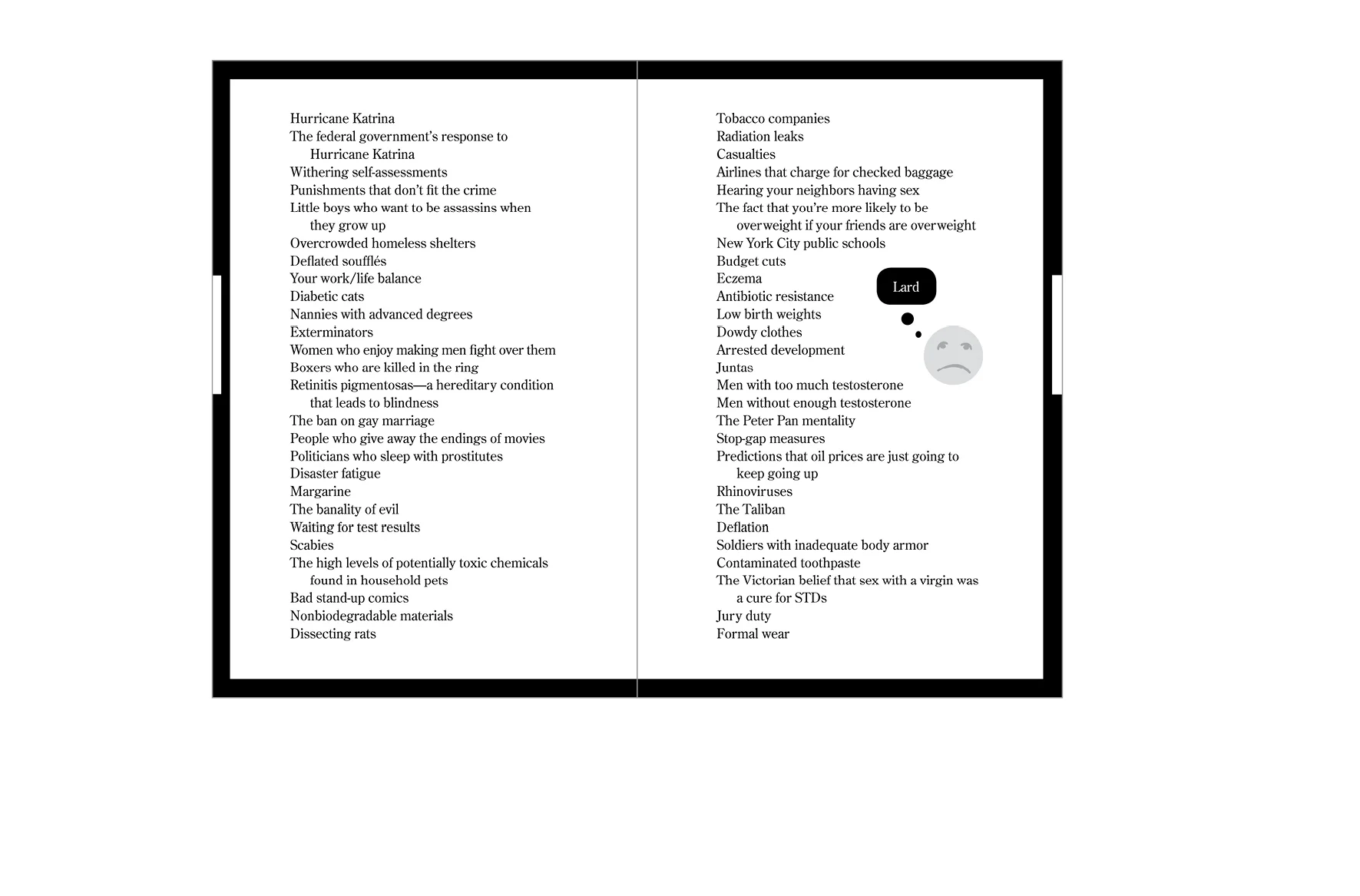 Typical spread - The position of the white block interrupting the “funeral notice” style edge creates the trim edge graphic