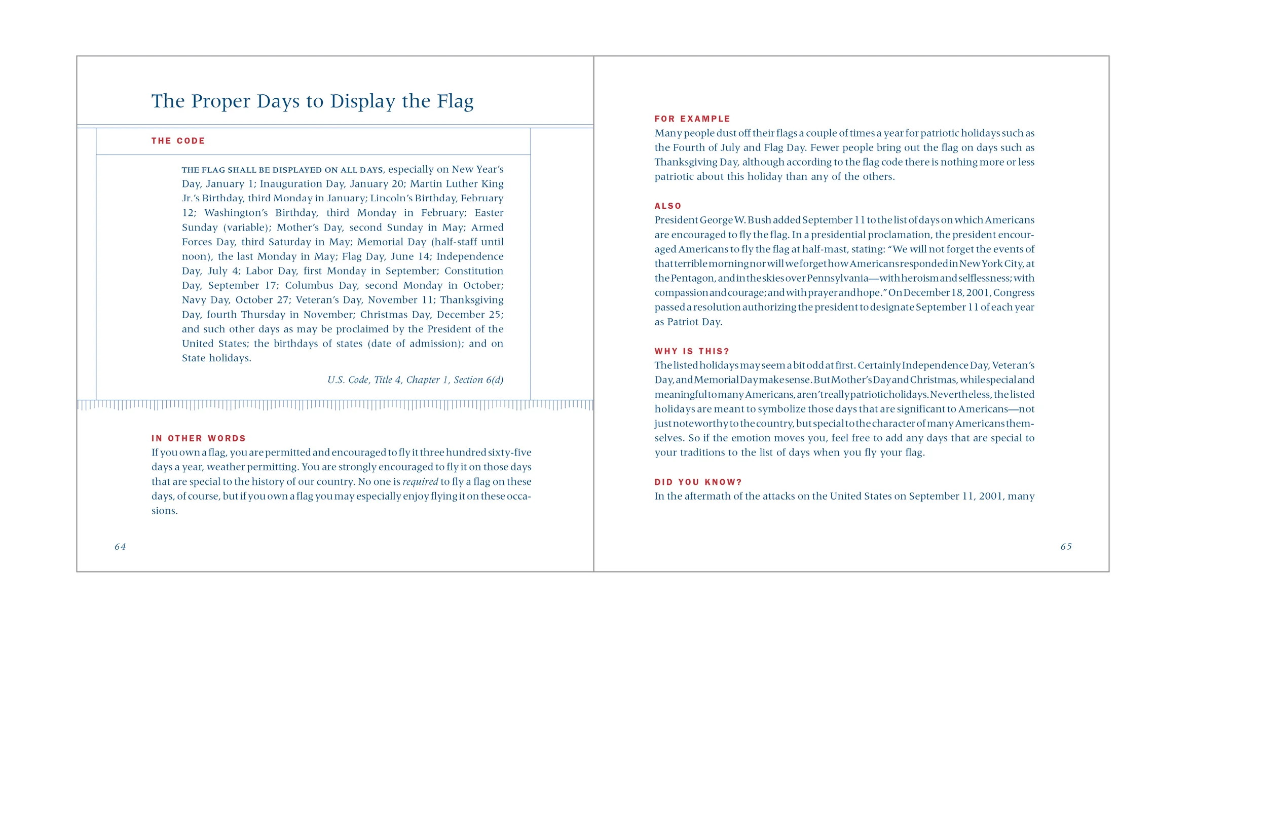Typical spread - Official US government flag code followed by explanation, examples and extra facts