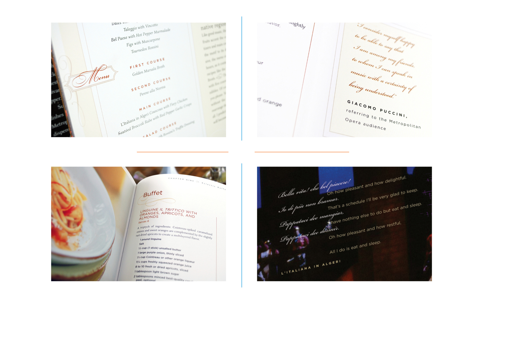   Interior details -  Chapter opener menu // Composer quote // Recipe // Opera lyric with translation    
