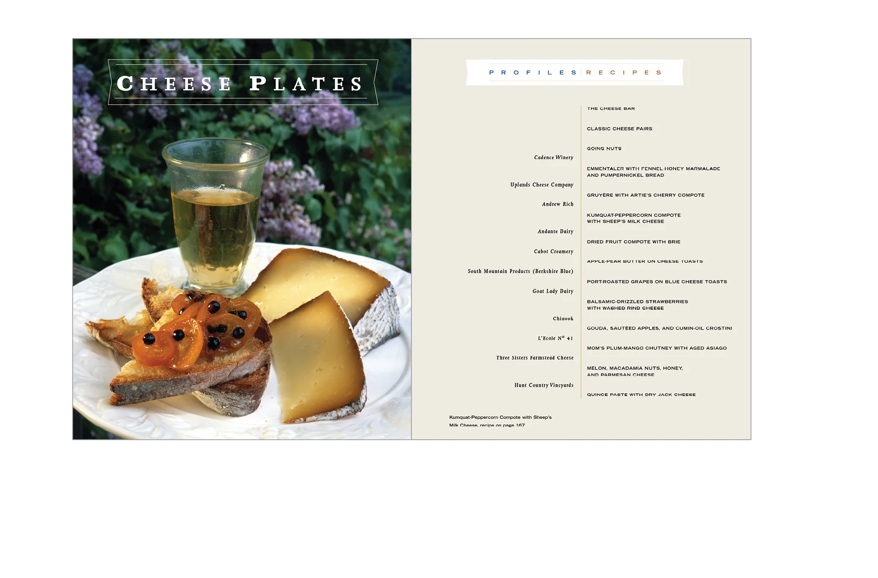 Chapter opener - Opener with list of profiled cheese or wine makers and list of recipes