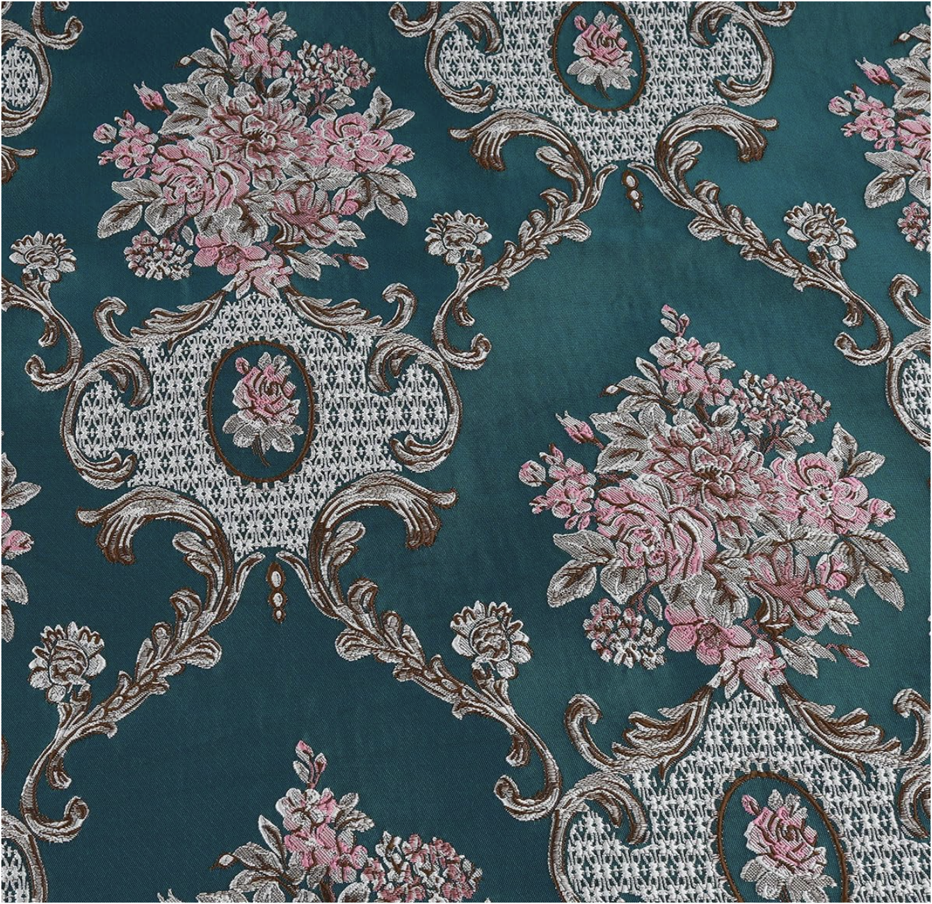 Peacock green, light grey, antique gold, pink