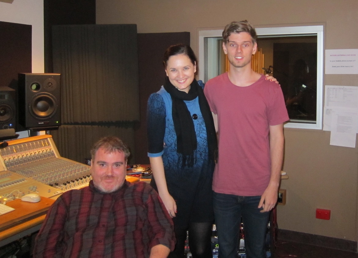 Producer Craig McCollough, me, and engineer Jake Tomlins, trying to stay awake after our midnight recording session!