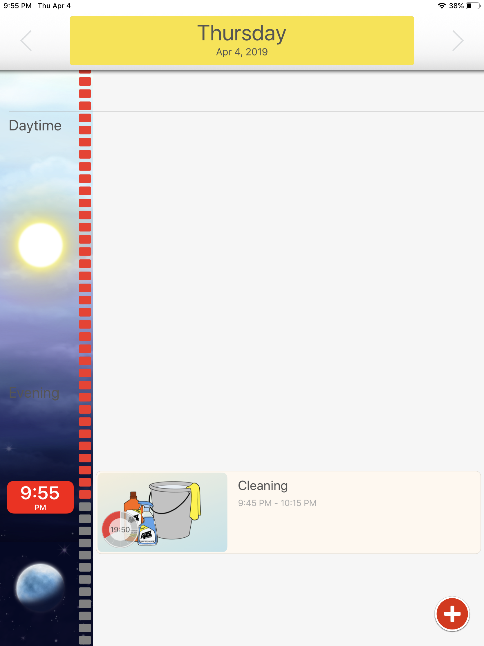 Has day/night sidebar, clock and time gap between tasks.