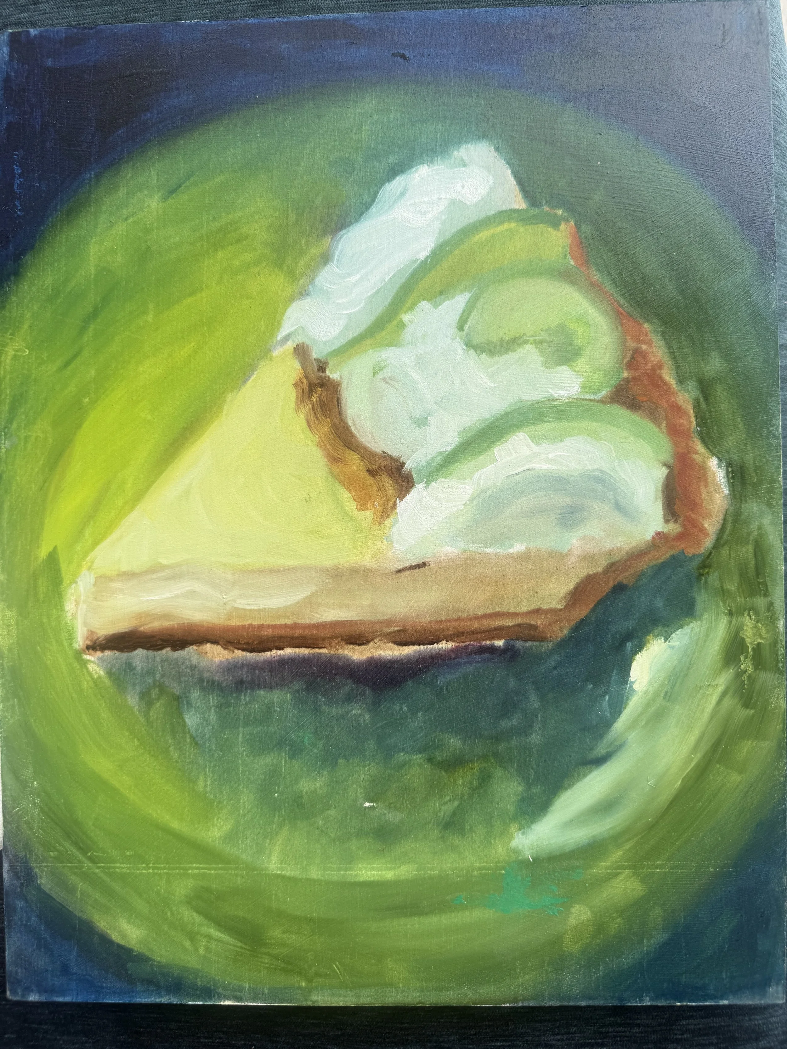 A painting depicting a piece of key lime pie on a greenish-yellow dish over a dark blue background
