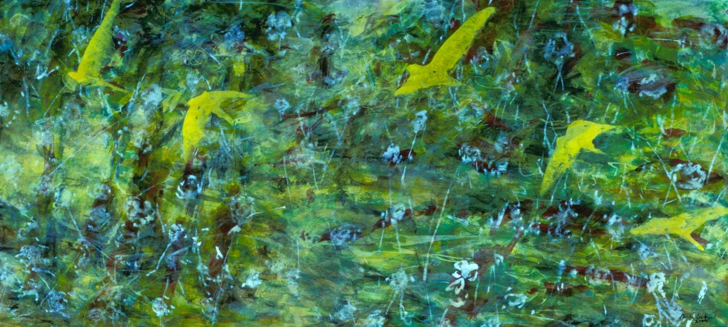 5 Birds, acrylic and ink on wood, 40''x 80'', 2006, $7000.