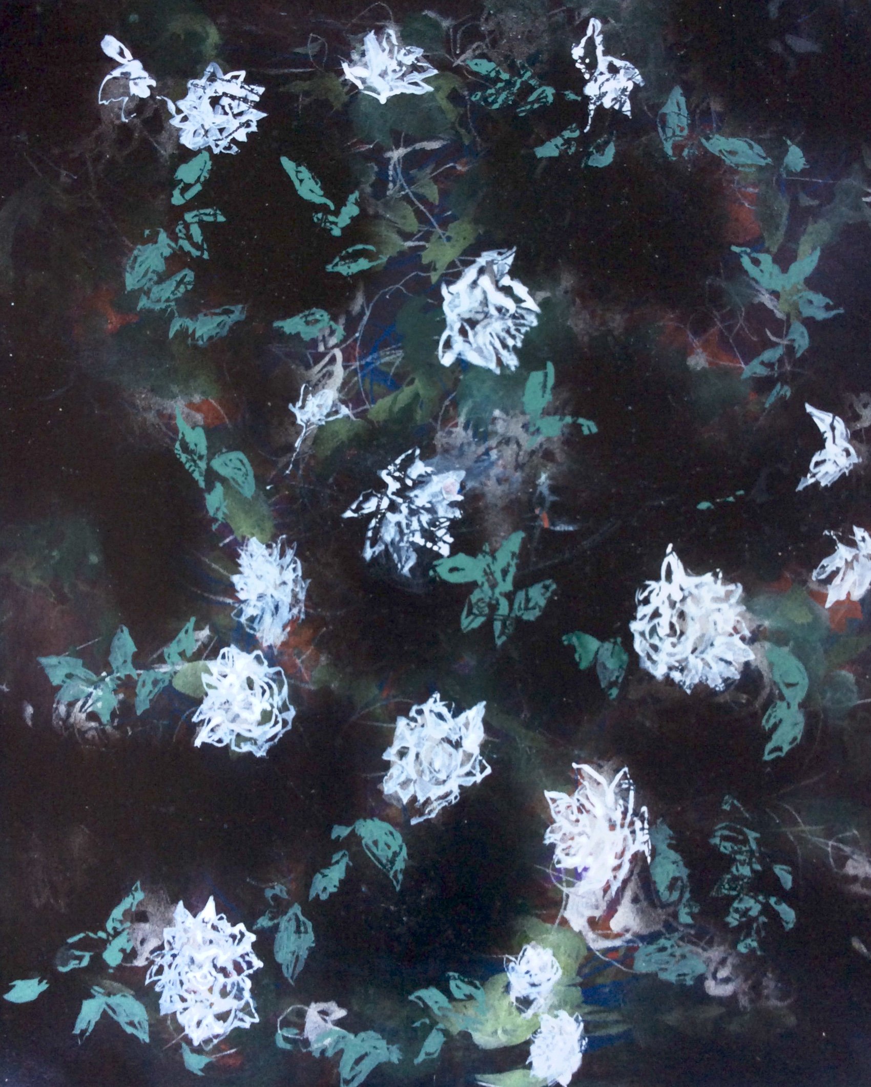  Moonlight Roses, 2019, 30’’ x 22’’, acrylic and spray paint on paper 