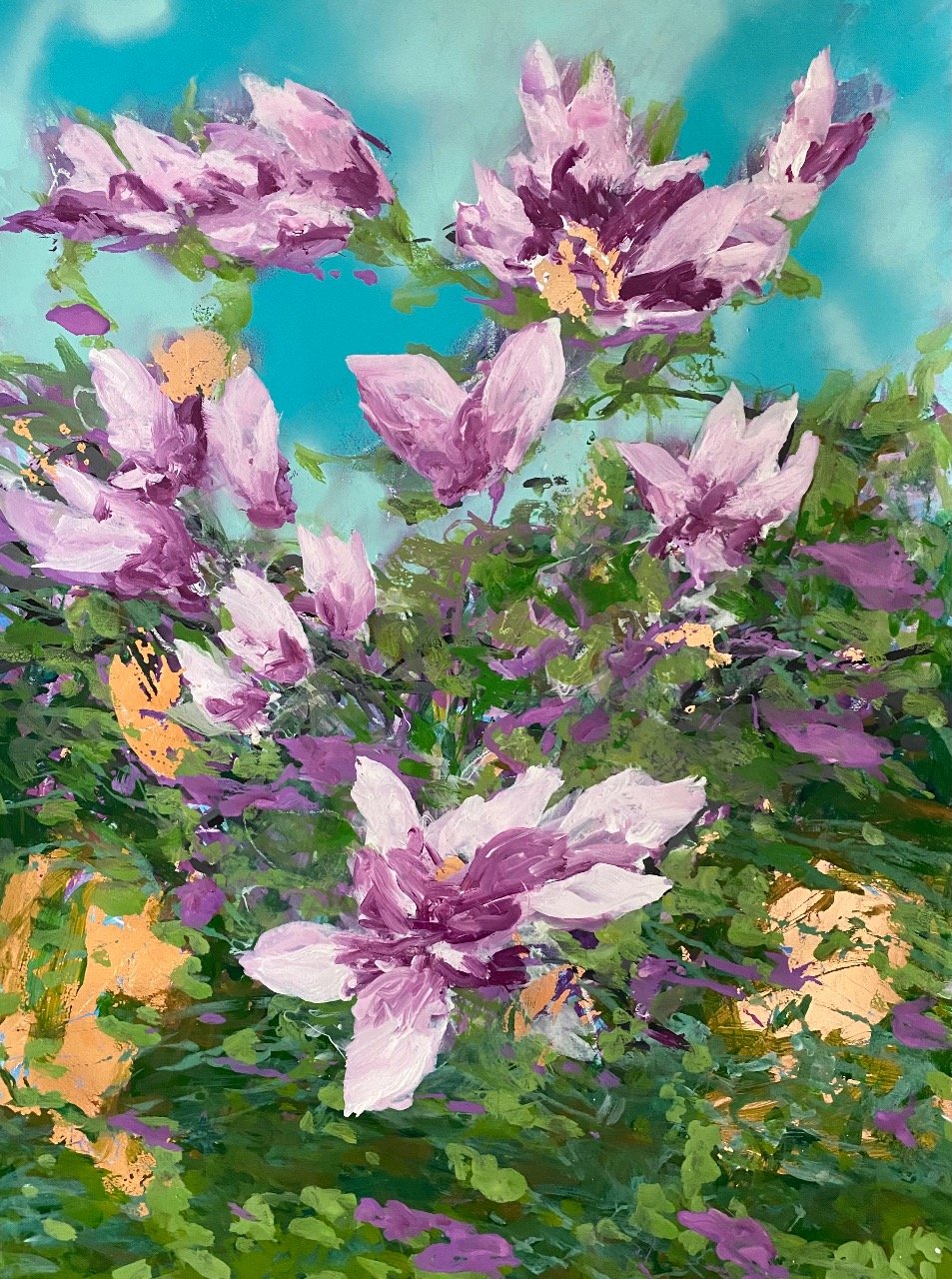 Flying Magnolias, 2025, acylic, spray paint, and gold leaf on paper, 30’’ x 22’’