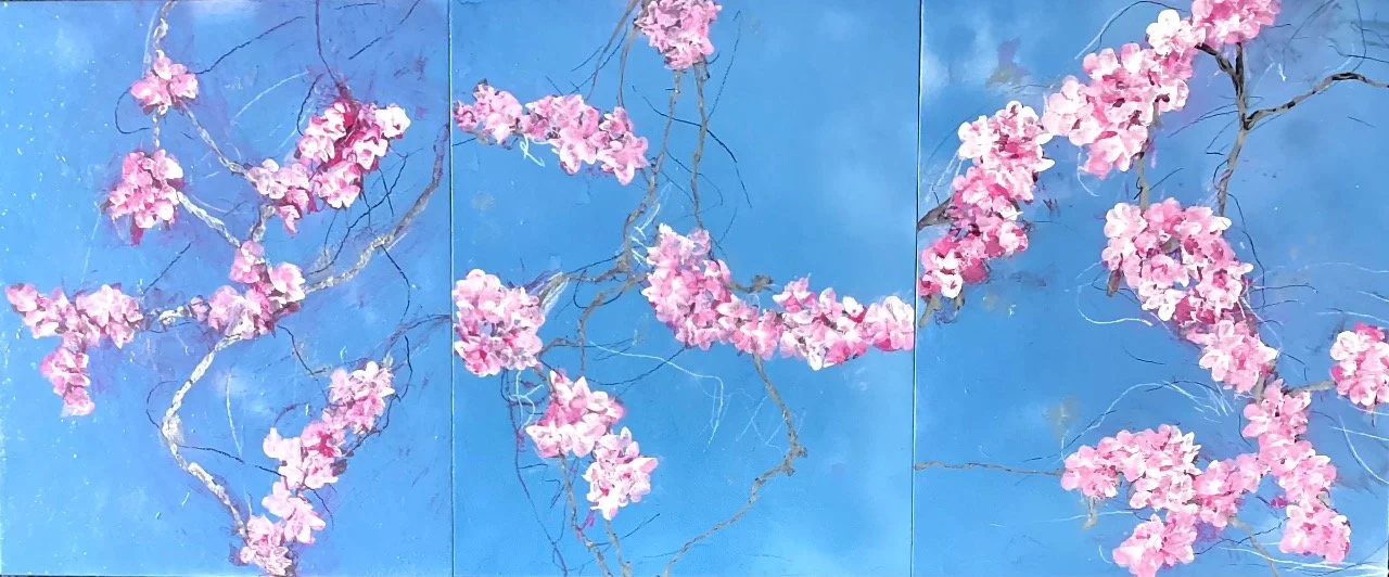  Fleeting Blooms, 2026, Triptych 20’’x 16’’each, 20’’ x 48’’, acrylic, wax pencil, gold leaf, and spray paint 