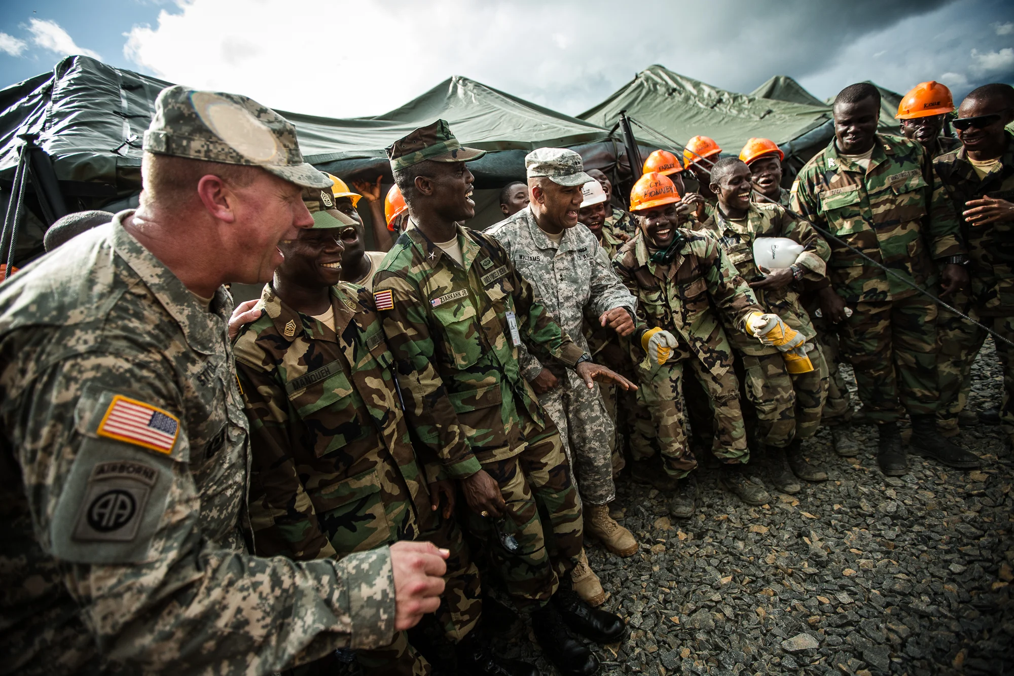  Tubmanburg, Liberia - October 15, 2014: Army Major&nbsp;General,&nbsp;Darryl Williams, (commanding general of U.S. Army Africa)&nbsp;chants with Armed Forces of Liberia (AFL) engineers constructing a new Ebola treatment unit.&nbsp;Photo by Morgana W
