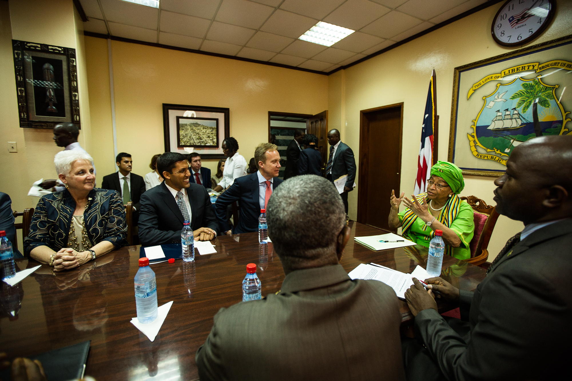  Monrovia, Liberia - October 14, 2014: USAID&nbsp;Administrator, Raj Shah,&nbsp;Norwegian Minister of Foreign Affairs,&nbsp;Børge Brende,&nbsp;and U.S. Ambassador, Deborah Malac,&nbsp;meet with President Ellen Johnson Sirleaf and her ministers about 