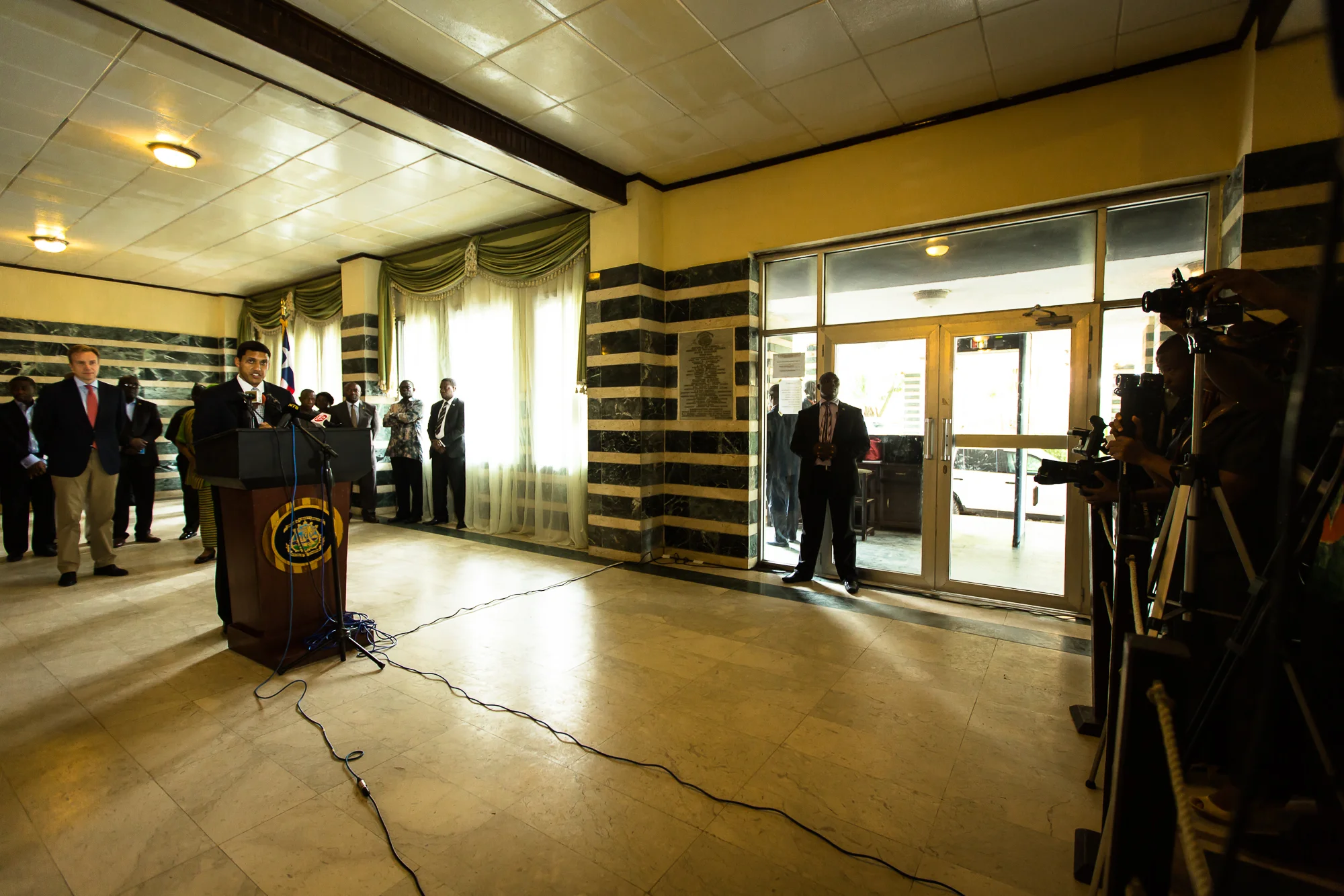  Monrovia, Liberia - October 14, 2014: USAID Administrator, Raj Shah, and President Ellen Johnson Sirleaf hold a press conference at the Ministry of Foreign Affairs to talk about their coordinated efforts to stop the spread of the Ebola virus. Admini