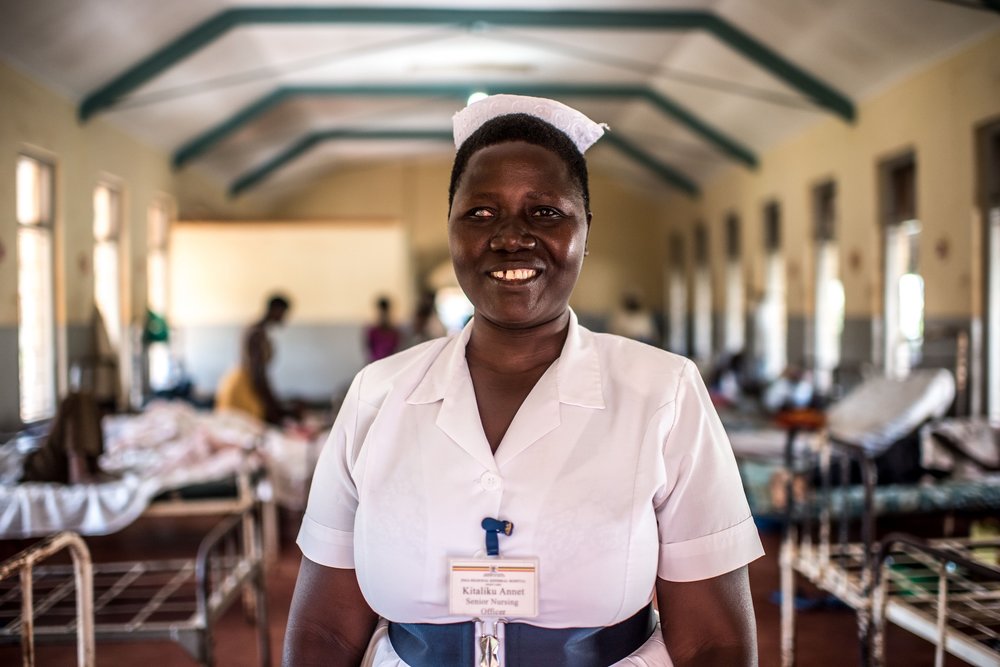  Annet Kitaliku, Senior Nursing Officer in charge of Ward 4 (general medical care), photographed in her ward at the Jinja Regional Referral Hospital. 