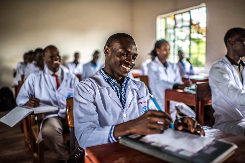  Students attend a class at the Soroti Pharmacy School. 