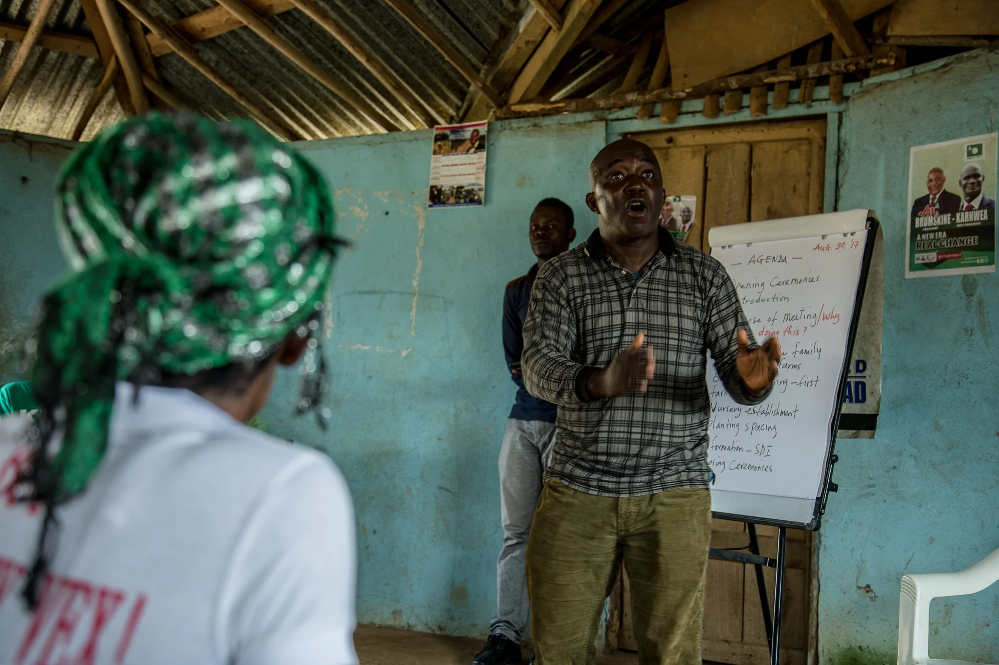 BLAYAH TOWN, LIBERIA: Aug. 30, 2017 - The Jogbahn Clan fought against the British-owned company Equatorial Palm Oil (EPO) when they tried to take over their land in 2013. The people in the community depend on the land for their livelihoods. The Sustainable Development Institute (SDI) started to help the community by submitting a formal complaint to the to the Roundtable on Sustainable Palm Oil (RSPO). SDI taught the clan about land rights and resisting with non-violence. THE RSPO determined that the land EPO was using belonged to the clan. SGI trained the community how to map their land and boundaries were created that EPO accepted not to cross. Photo by Morgana Wingard