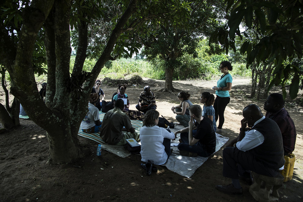  CHONGWE, ZAMBIA: Feb. 19, 2018 - The CARE Learning Tour to Zambia delegation watch a simulation acted out by a SMAG member and member of the Chongwe community about a HIV problem.&nbsp;Photo by Sarah Grile. 