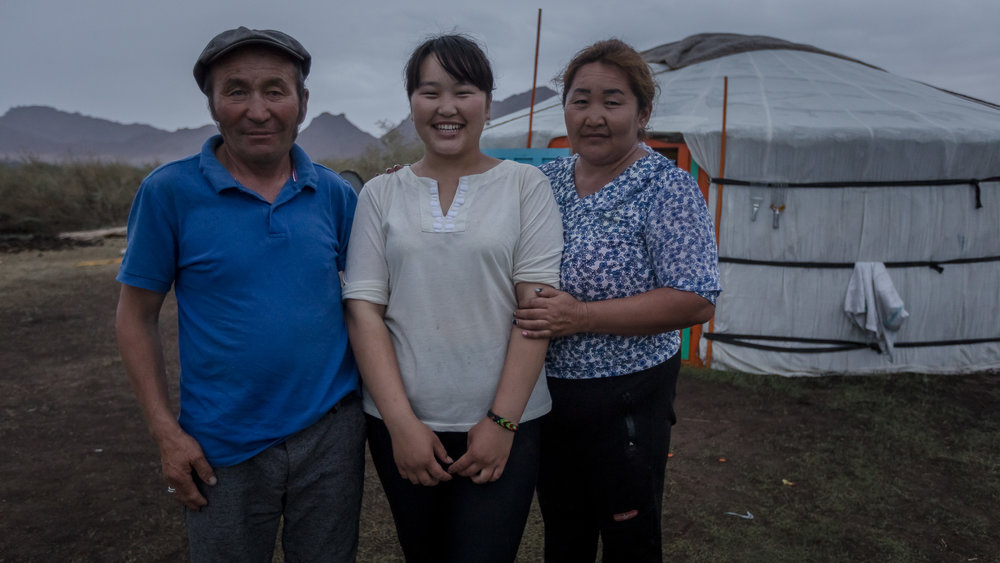  KHOVD, MONGOLIA - JUNE 13, 2018: Nuutsgee Lhagvadorj, 16, with her parents at home. Footage by Morgana Wingard for OGP 